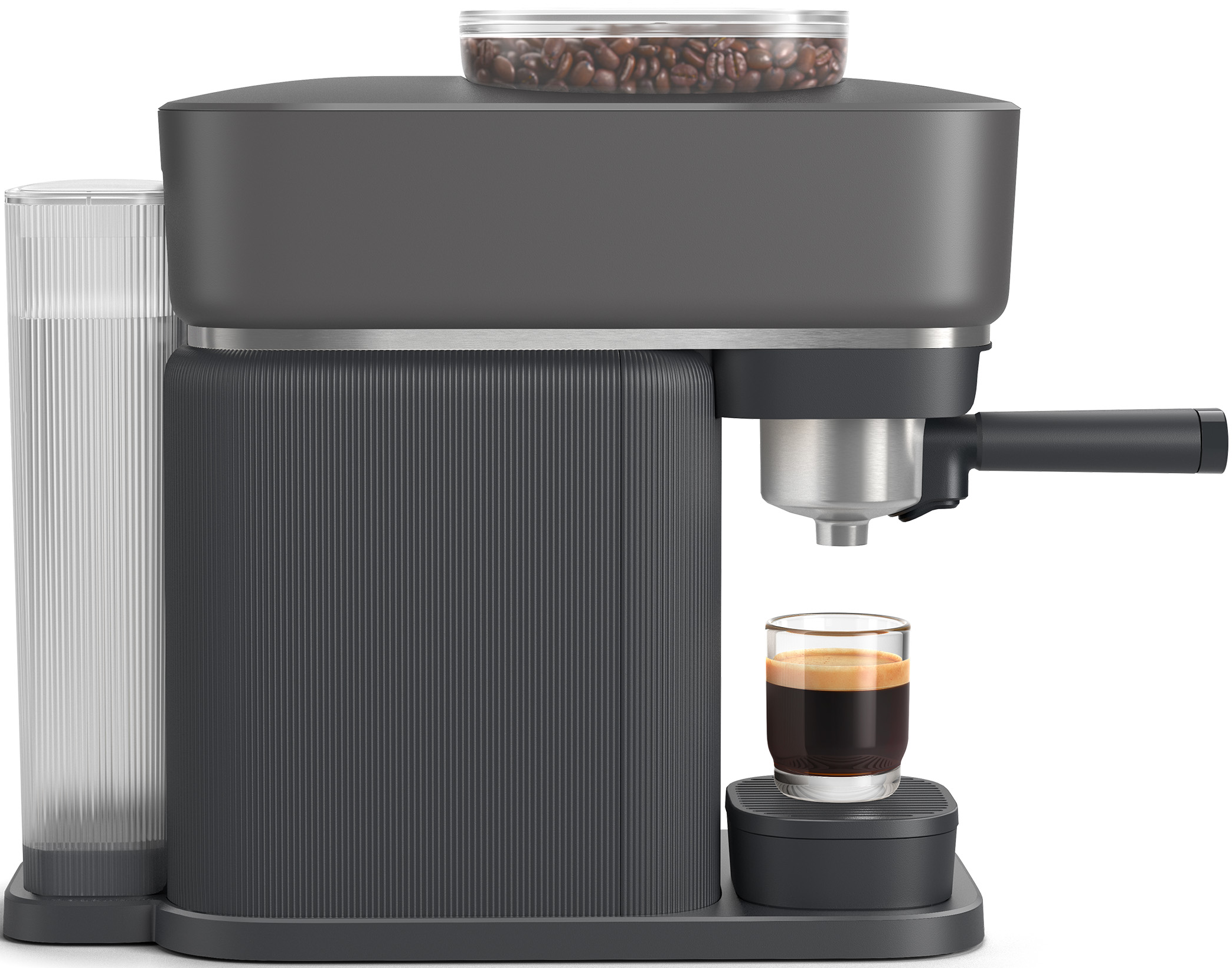 Dunkelgraue Espressomaschine mit Wasserbehälter, Bohnenbehälter und fertigem Espresso.