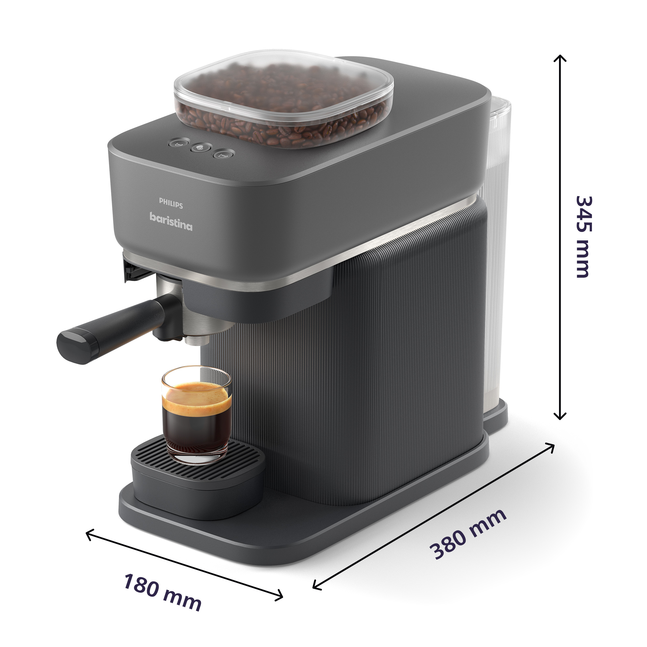 Eine graue Kaffeemaschine mit Glasbehälter, Bohnen, einem Espresso und Größenangaben.