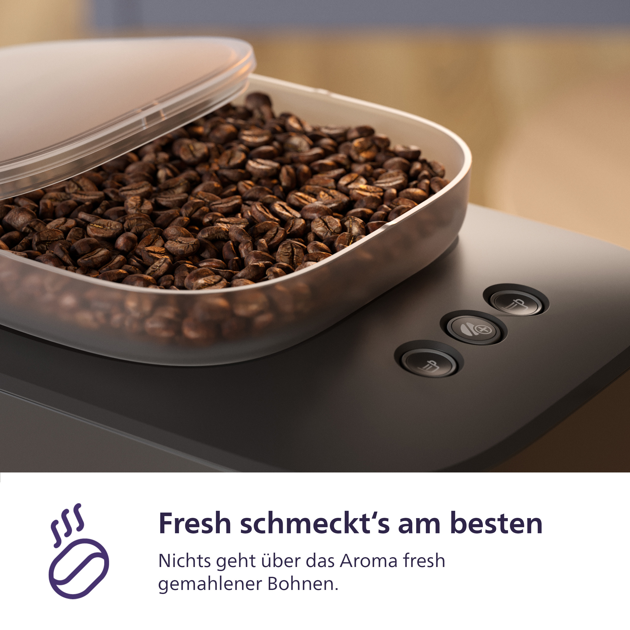 Kaffeebohnen in einem Behälter auf einer Kaffeemaschine mit Bedienknöpfen.