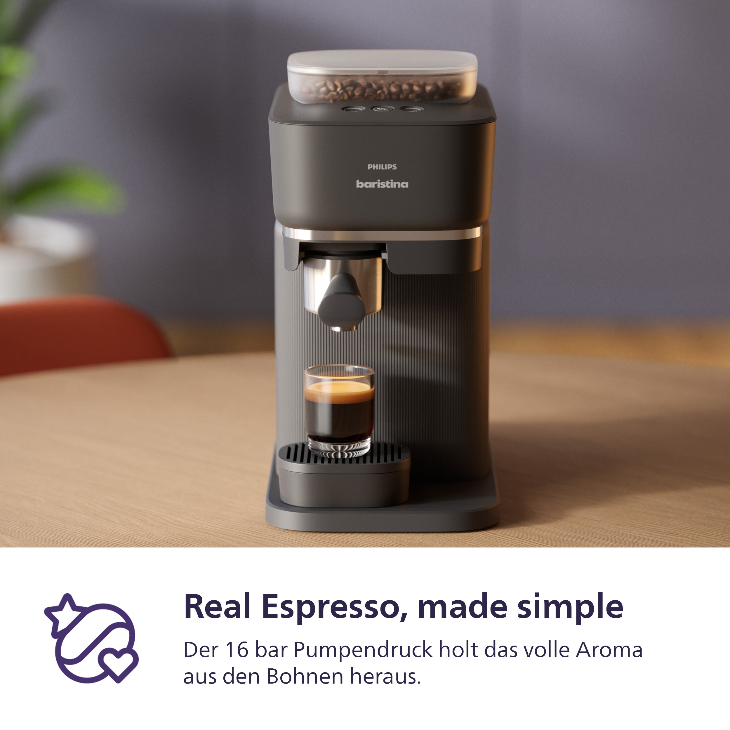 Eine Philips Barista Kaffeemaschine mit einem Espresso darin.