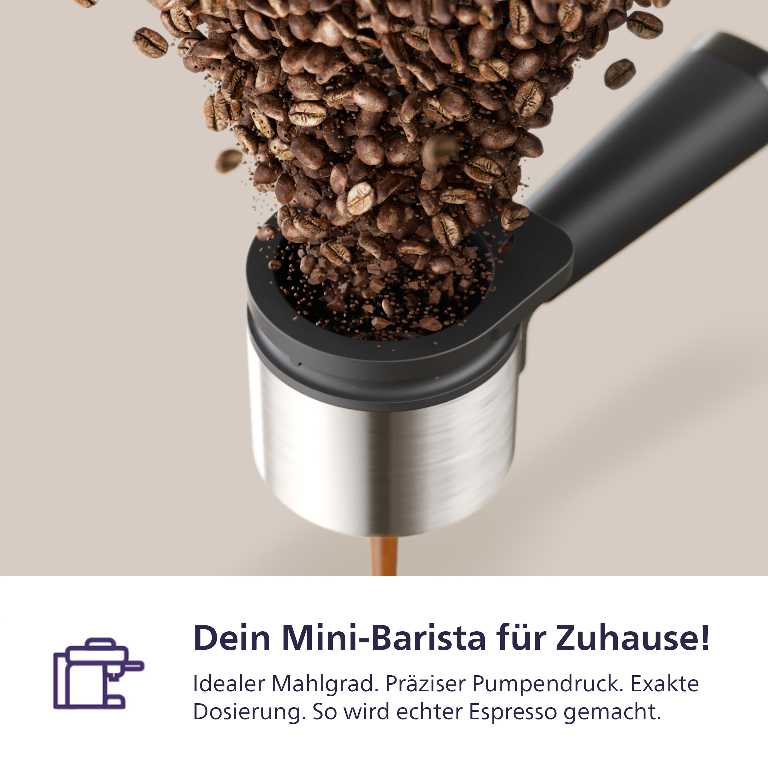 Kaffeebohnen fallen in eine Espressomaschine, die Espresso zubereitet.