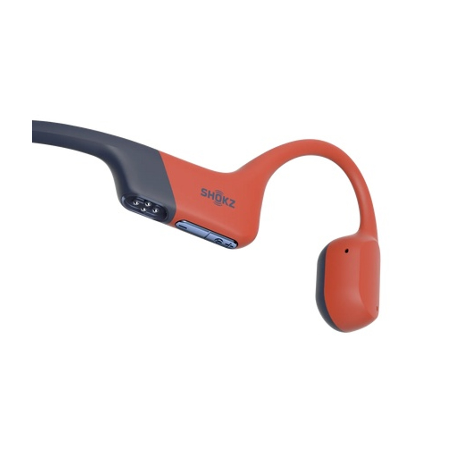 Cuffie Shokz a conduzione ossea arancioni e blu su sfondo bianco.