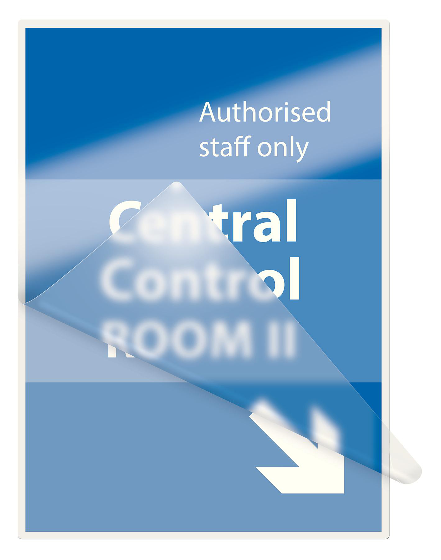 Blaues Schild mit weißem Text: "Authorised staff only", "Central Control ROOM II" und Pfeil nach unten.
