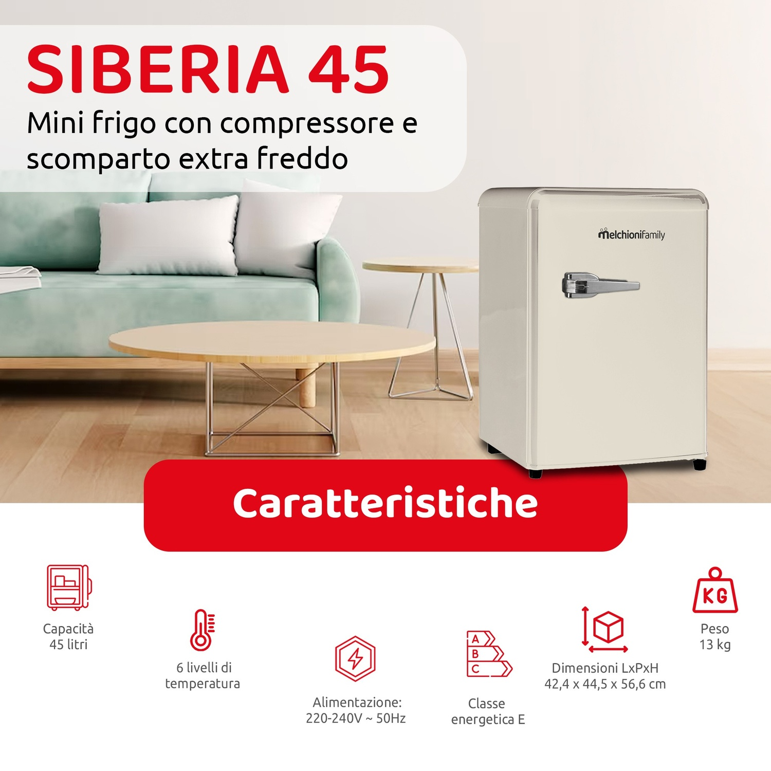 Un mini frigo color crema "Siberia 45" accanto a un divano.