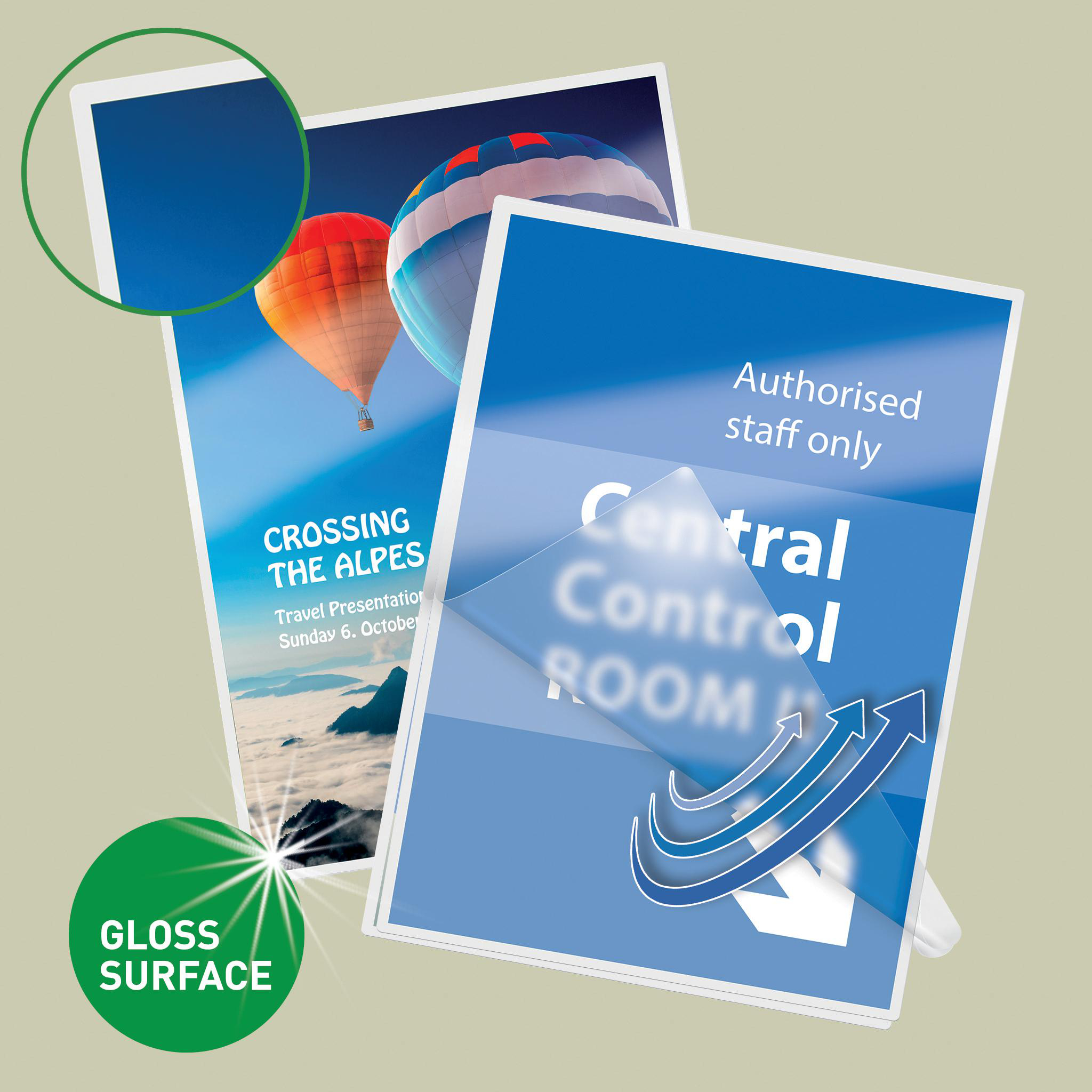 Zwei Postkarten: eine mit Heißluftballons über den Alpen, eine mit "Central Control ROOM".