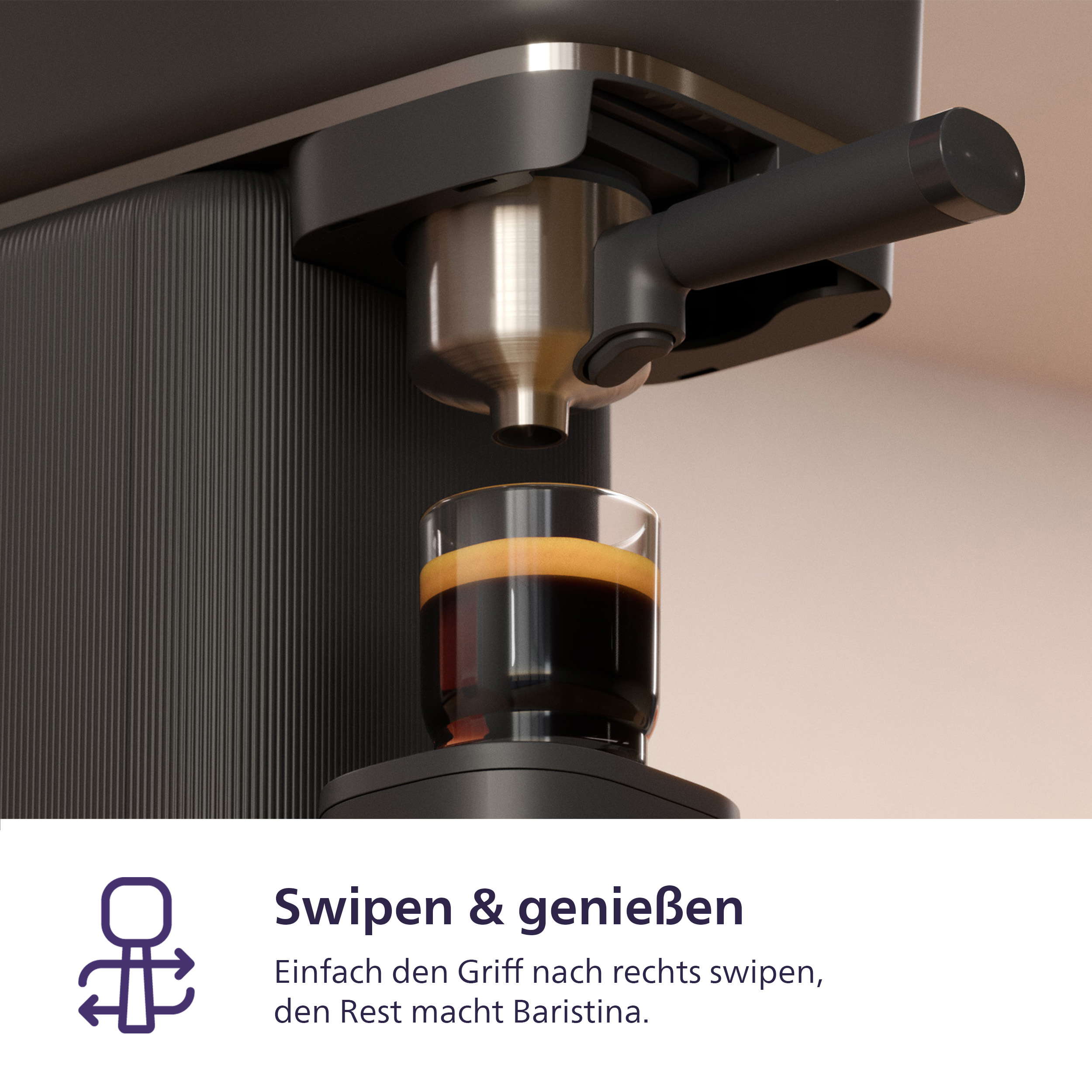 Eine Espressomaschine brüht einen Espresso in ein Glas.