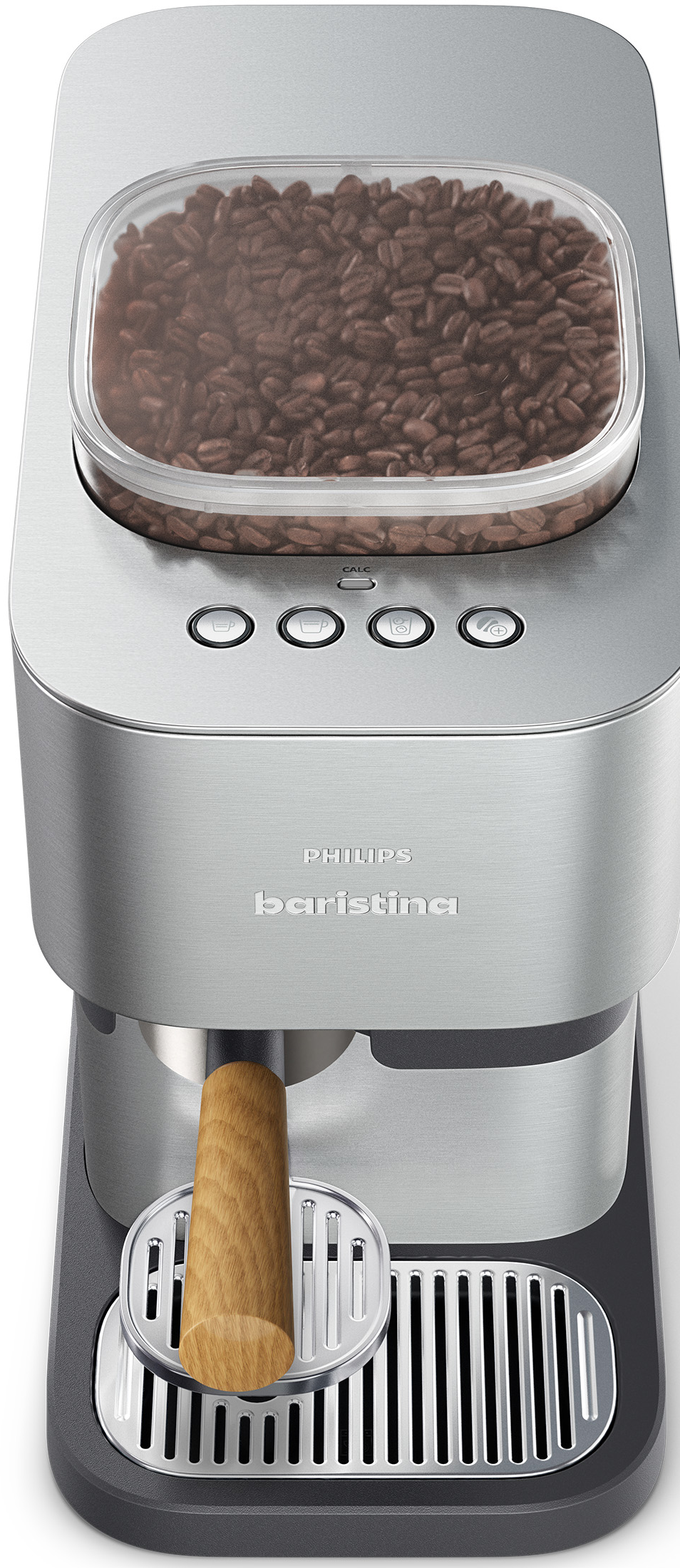 Eine silberne Kaffeemaschine mit braunen Bohnen im Behälter und Holzhahnen.