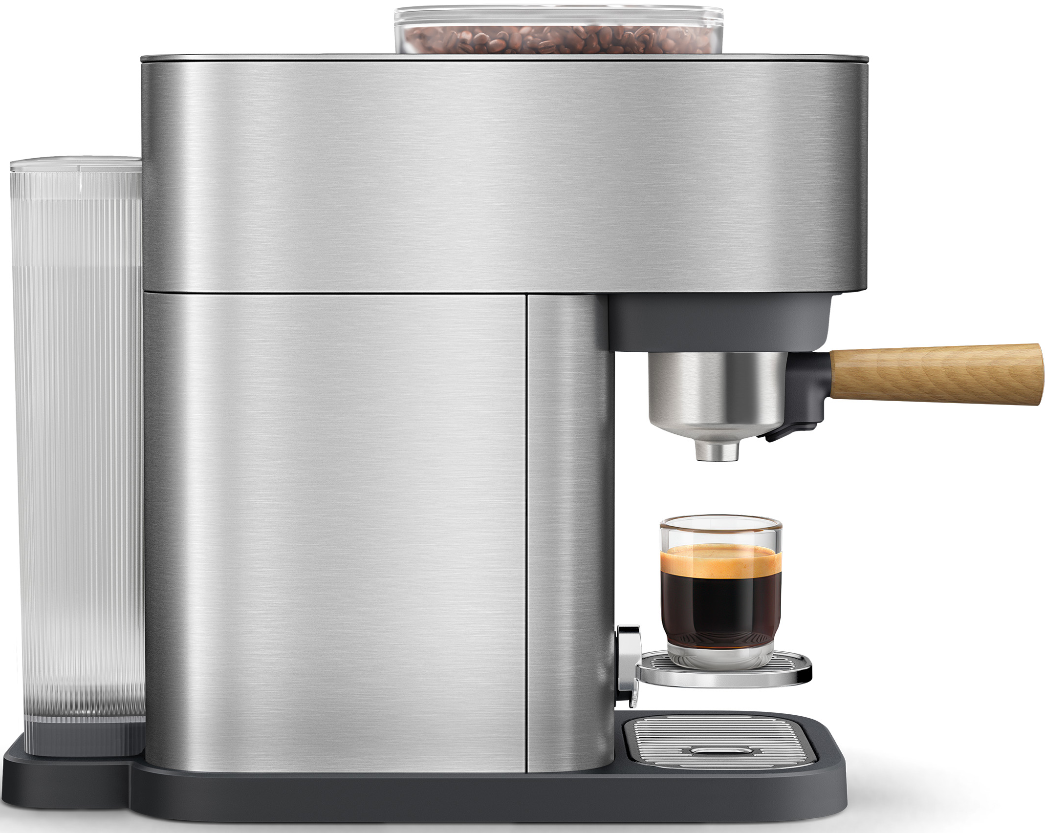 Eine silberne Espressomaschine mit Holzauslauf und einem Glas Espresso.
