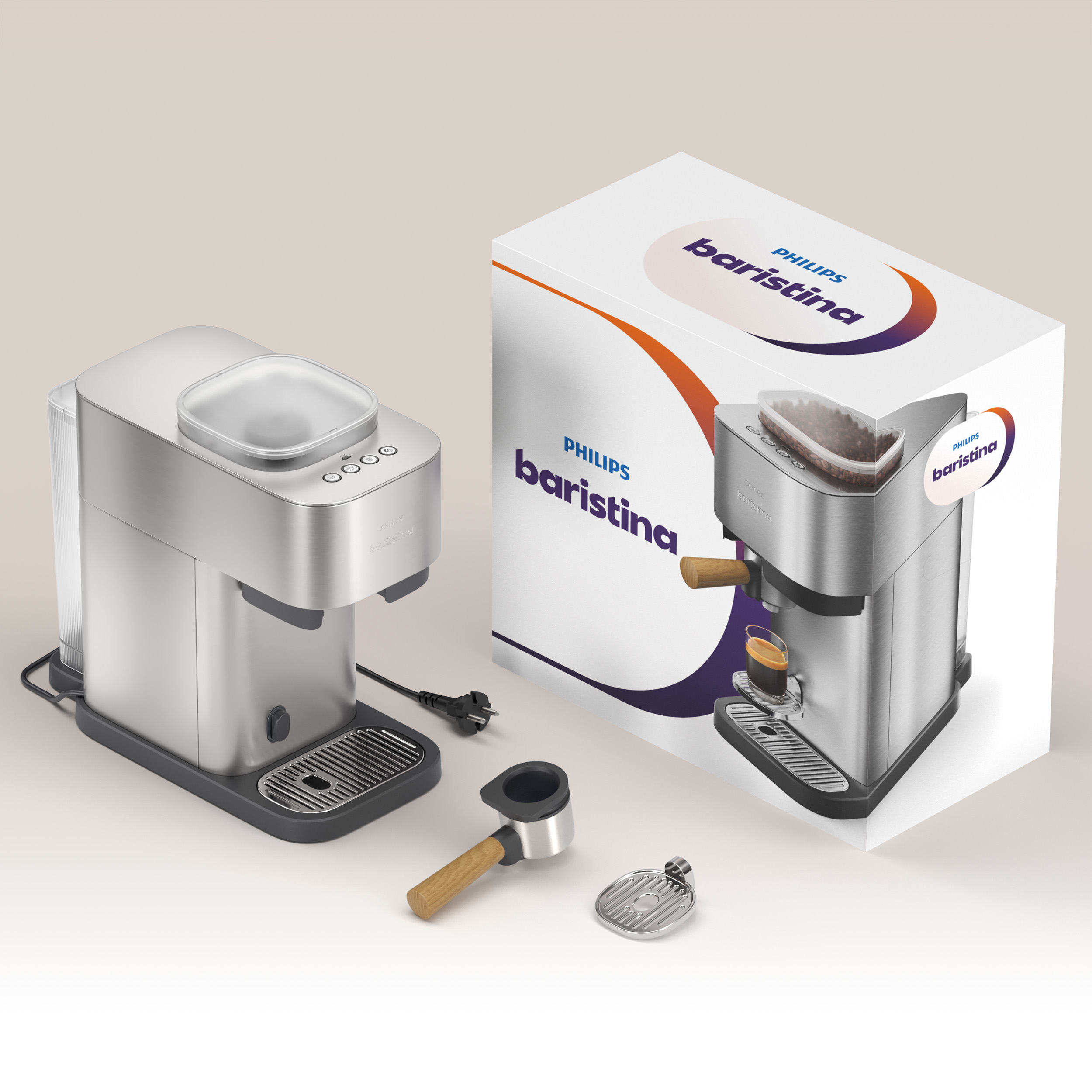 Silberne Philips Barista Kaffeemaschine mit Box, Siebträger und Tasse Kaffee.