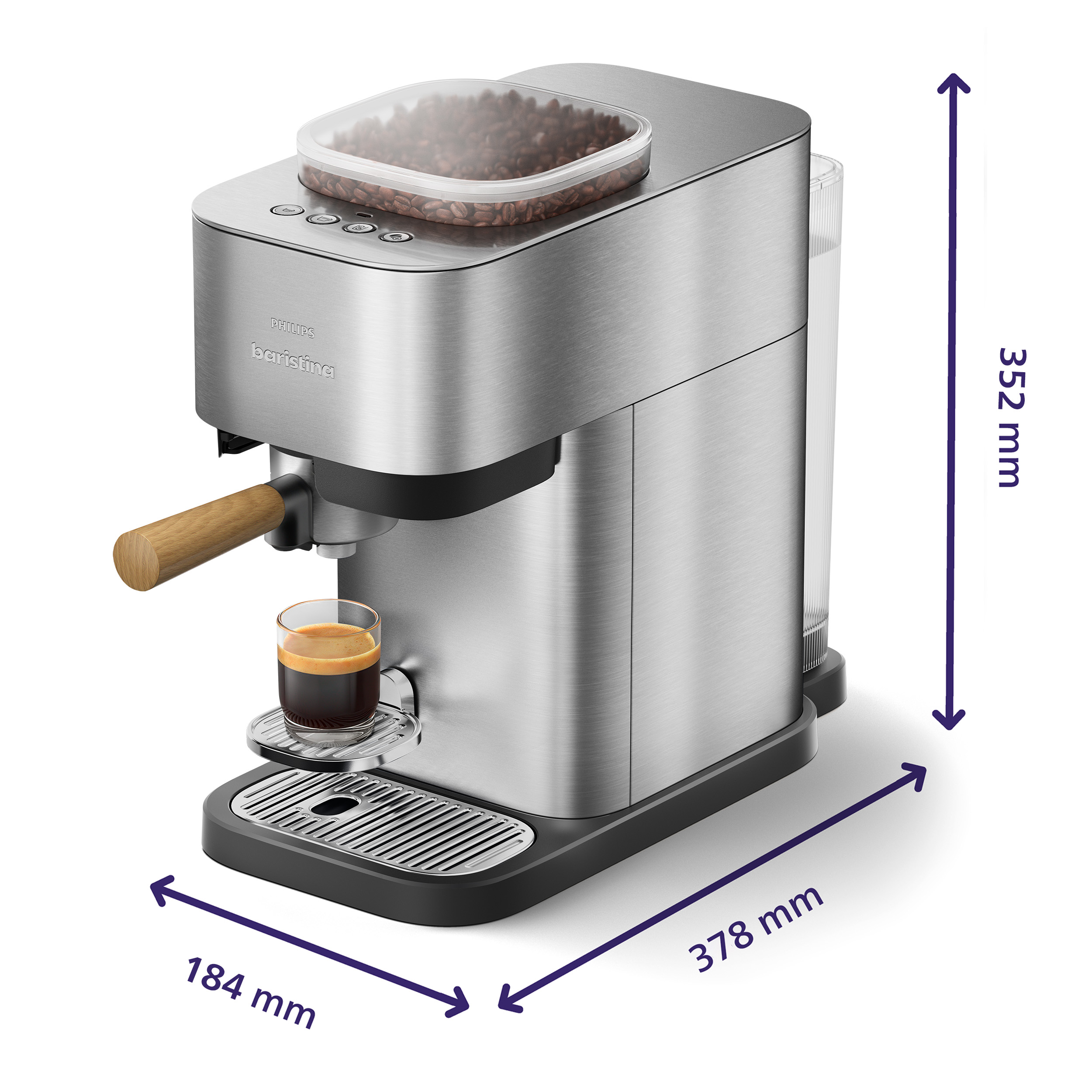 Silberne Kaffeemaschine mit Holzelementen, Wassertank und Bohnenbehälter.