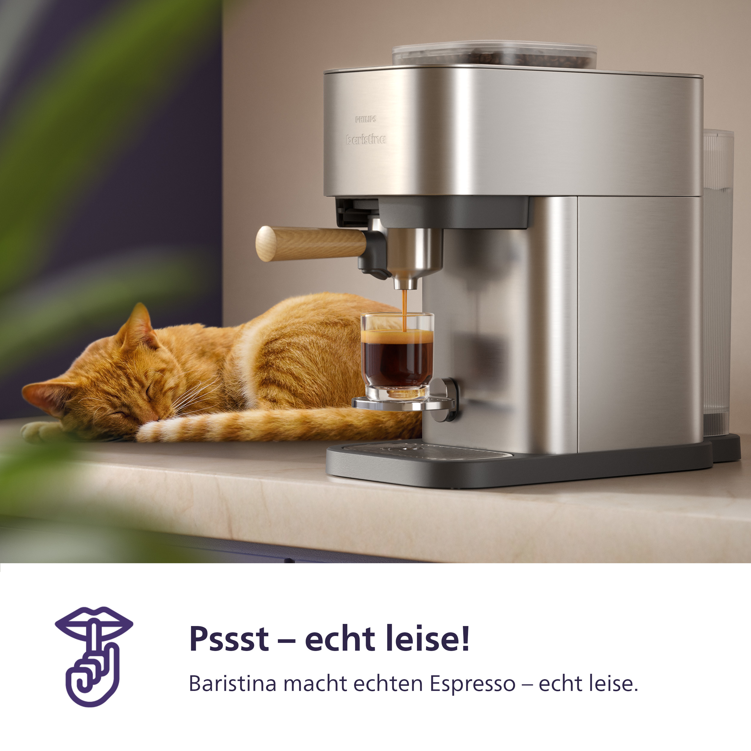Ein Kater schläft neben einer Espressomaschine, während Espresso in ein Glas läuft.