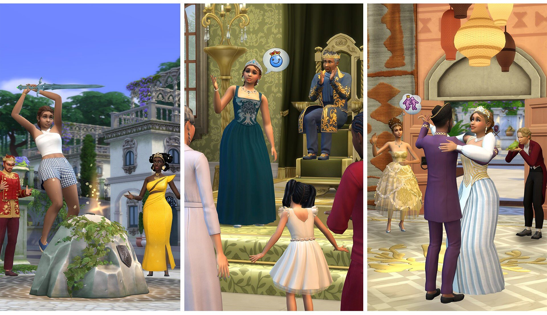 Kobieta z mieczem nad głową, dwie postacie w królewskich strojach i kobieta w żółci.