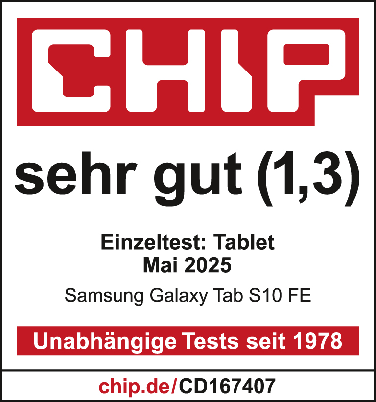 CHIP Logo, Bewertung 'sehr gut (1,3)', Einzeltest: Tablet Mai 2025, Samsung Galaxy Tab S10 FE.