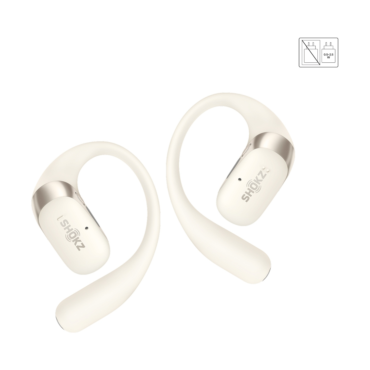 Cuffie Shokz bianche con accenti argentati e indicatore di carica.