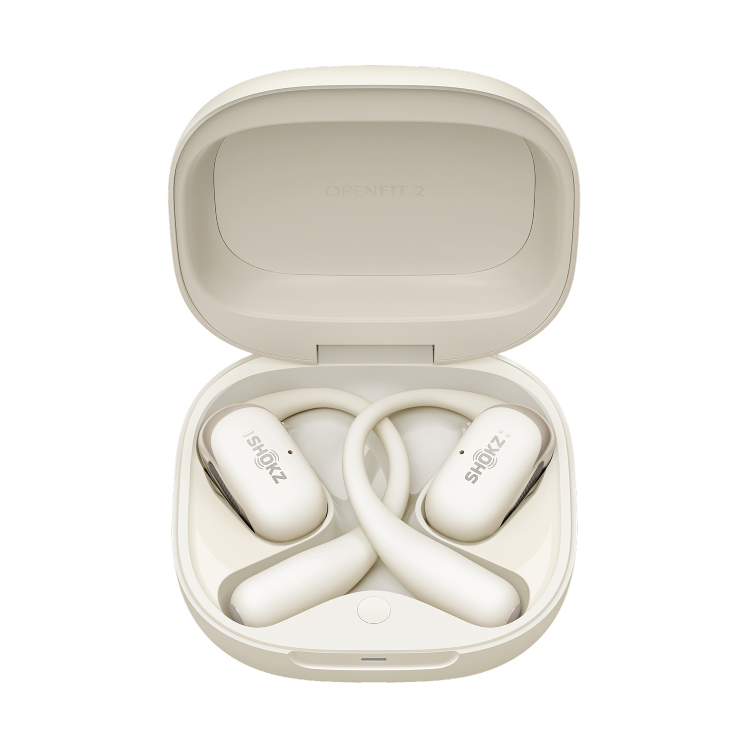 Auricolari wireless bianchi con custodia di ricarica, marca SHOKZ.