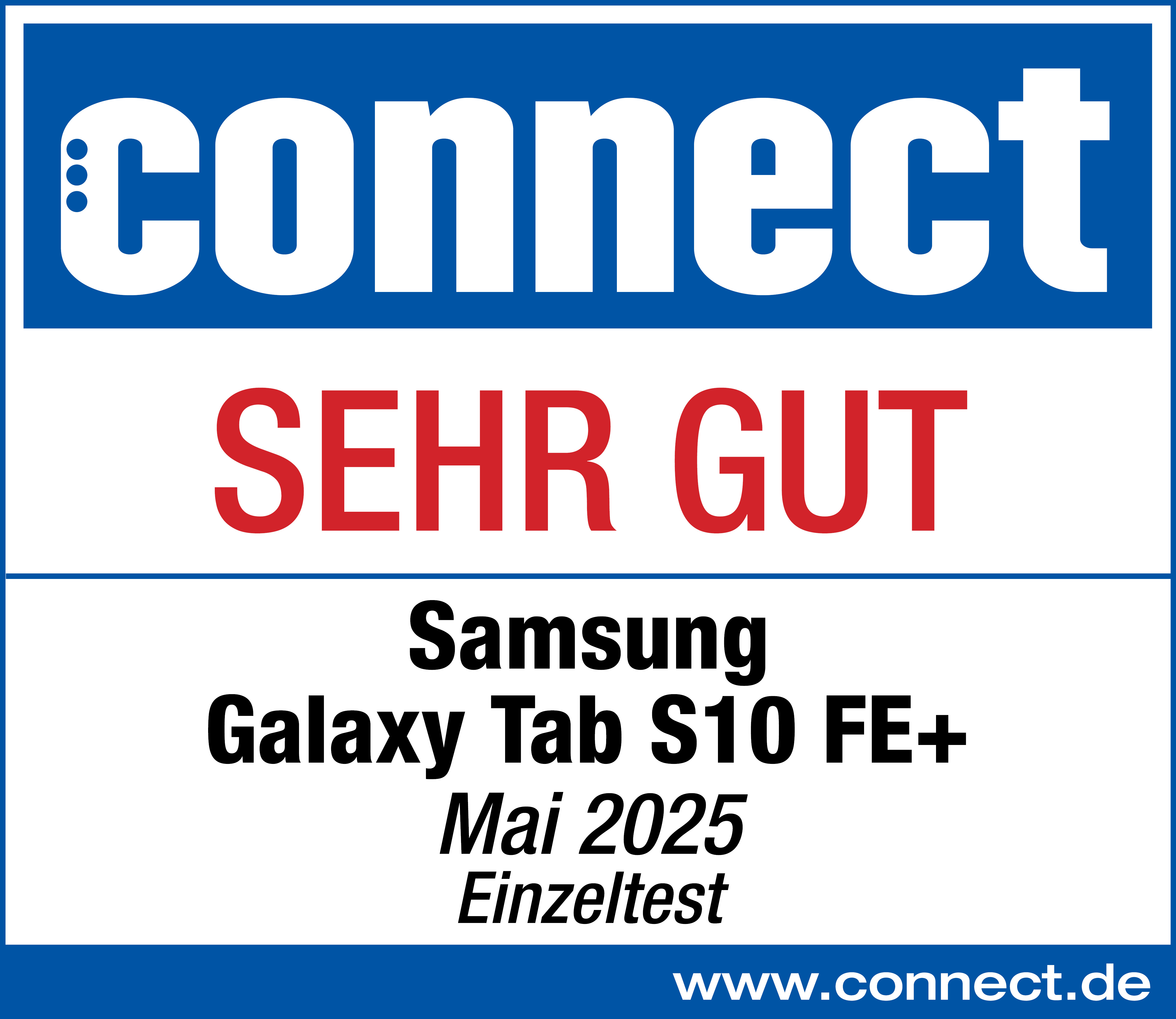 Connect-Logo mit "SEHR GUT" für Samsung Galaxy Tab S10 FE+. Mai 2025 Einzeltest.