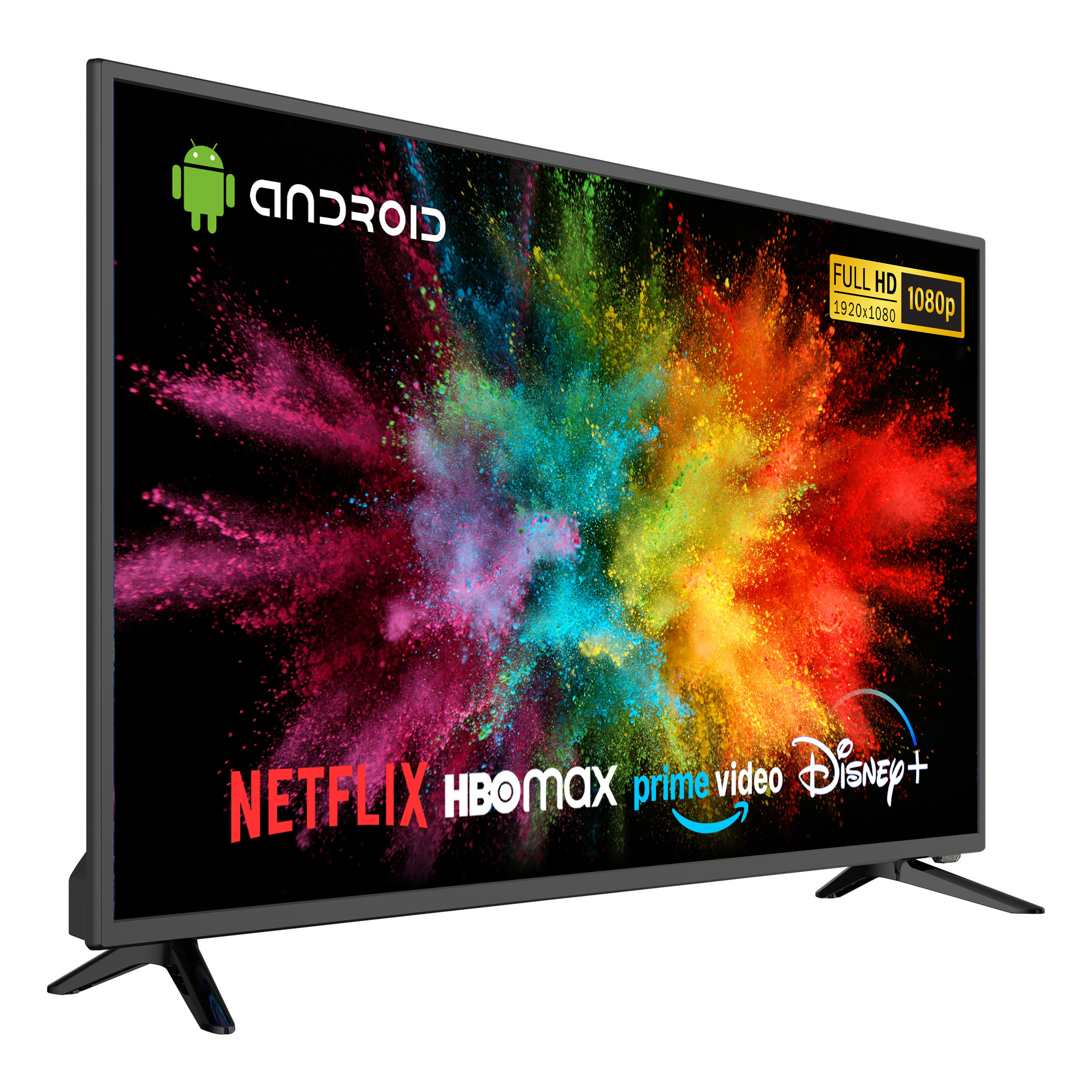 Nowoczesny telewizor z kolorowym tłem i logotypami aplikacji.