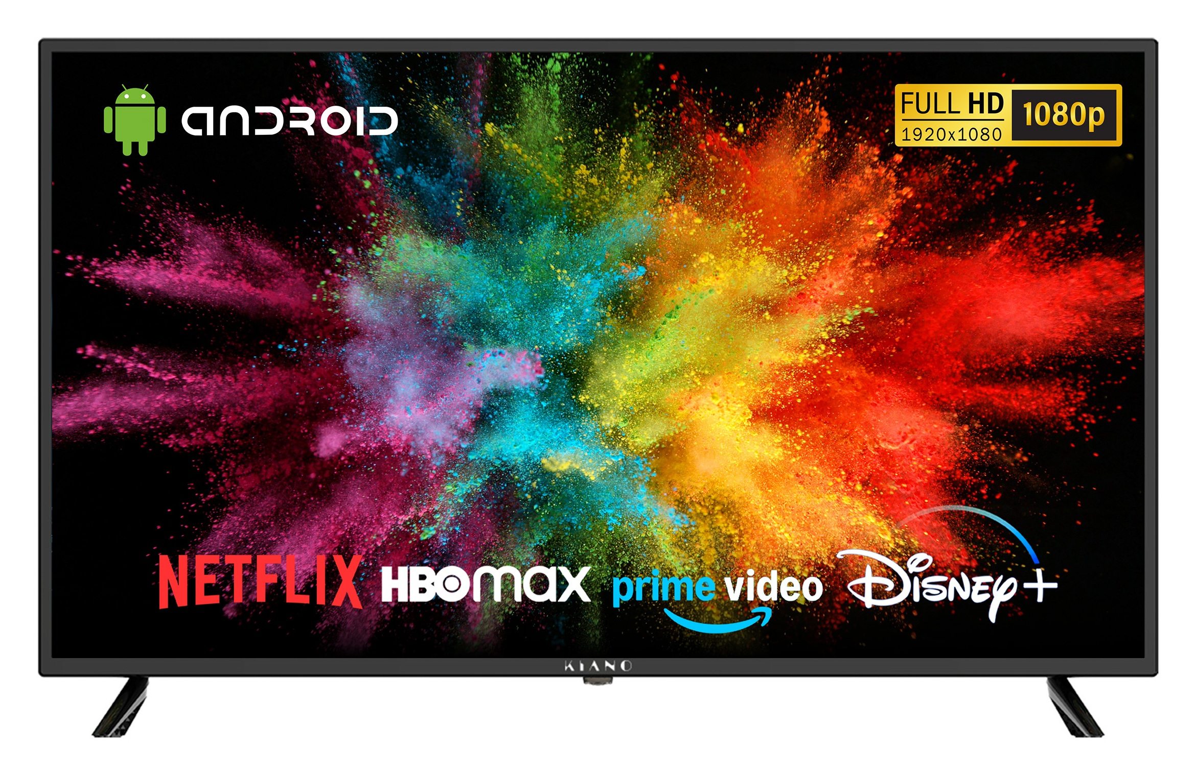 Czarny ekran telewizora z żywą eksplozją kolorów i logo: Android, Full HD, Netflix, HBO Max, Prime Video, Disney+.