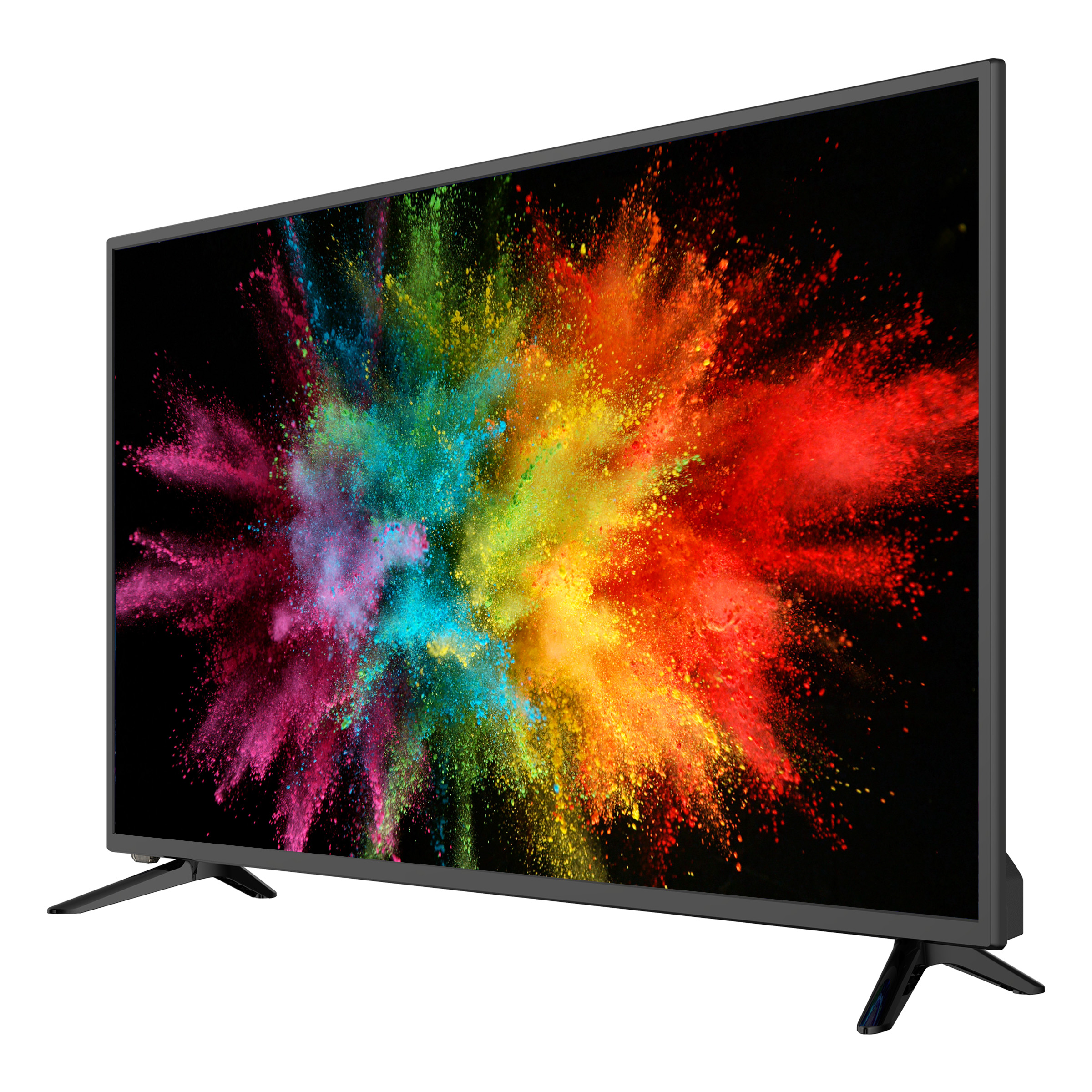 Nowoczesny telewizor z płaskim ekranem wyświetlający kolorowy deszcz proszku na czarnym tle.