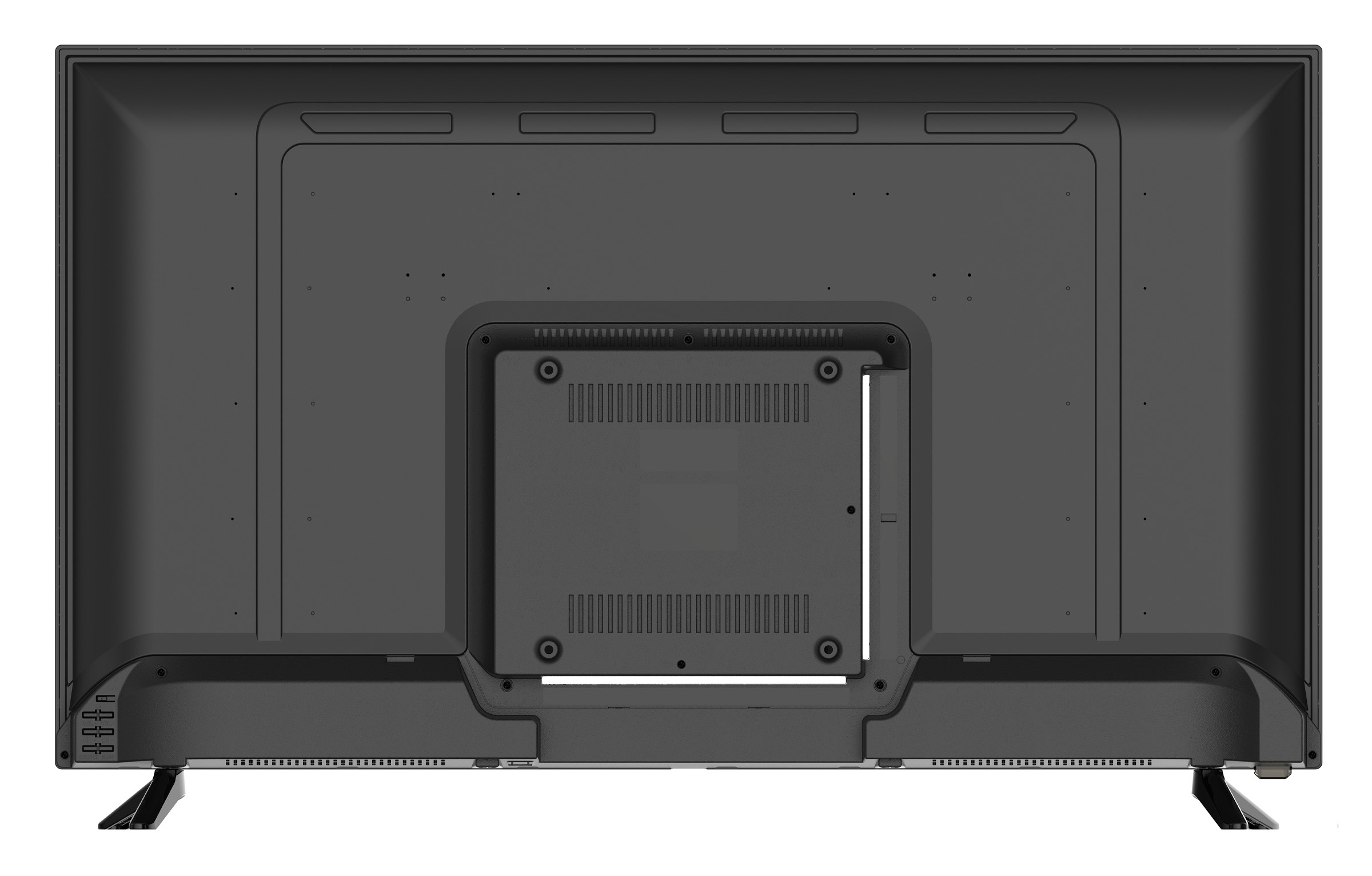 Tył czarnego telewizora z portami i otworami wentylacyjnymi.