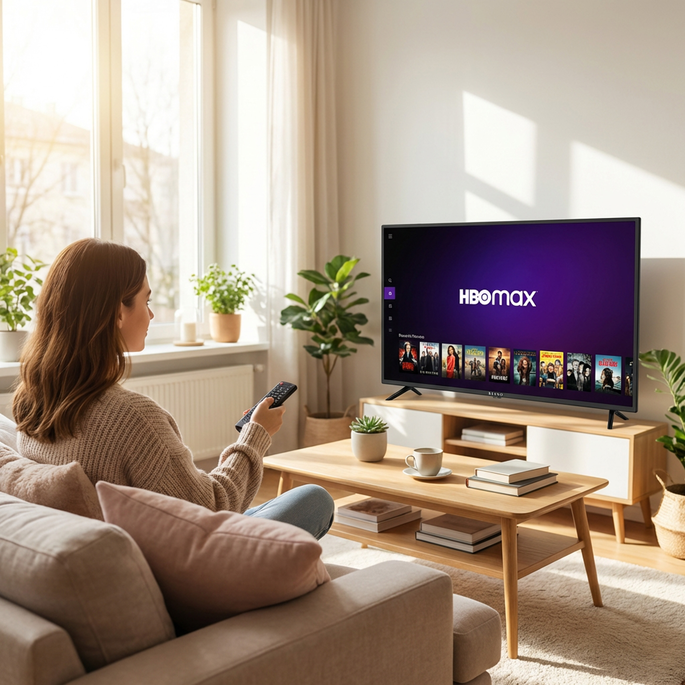 Kobieta siedzi na kanapie i ogląda telewizję. Na stole stoi filiżanka kawy.