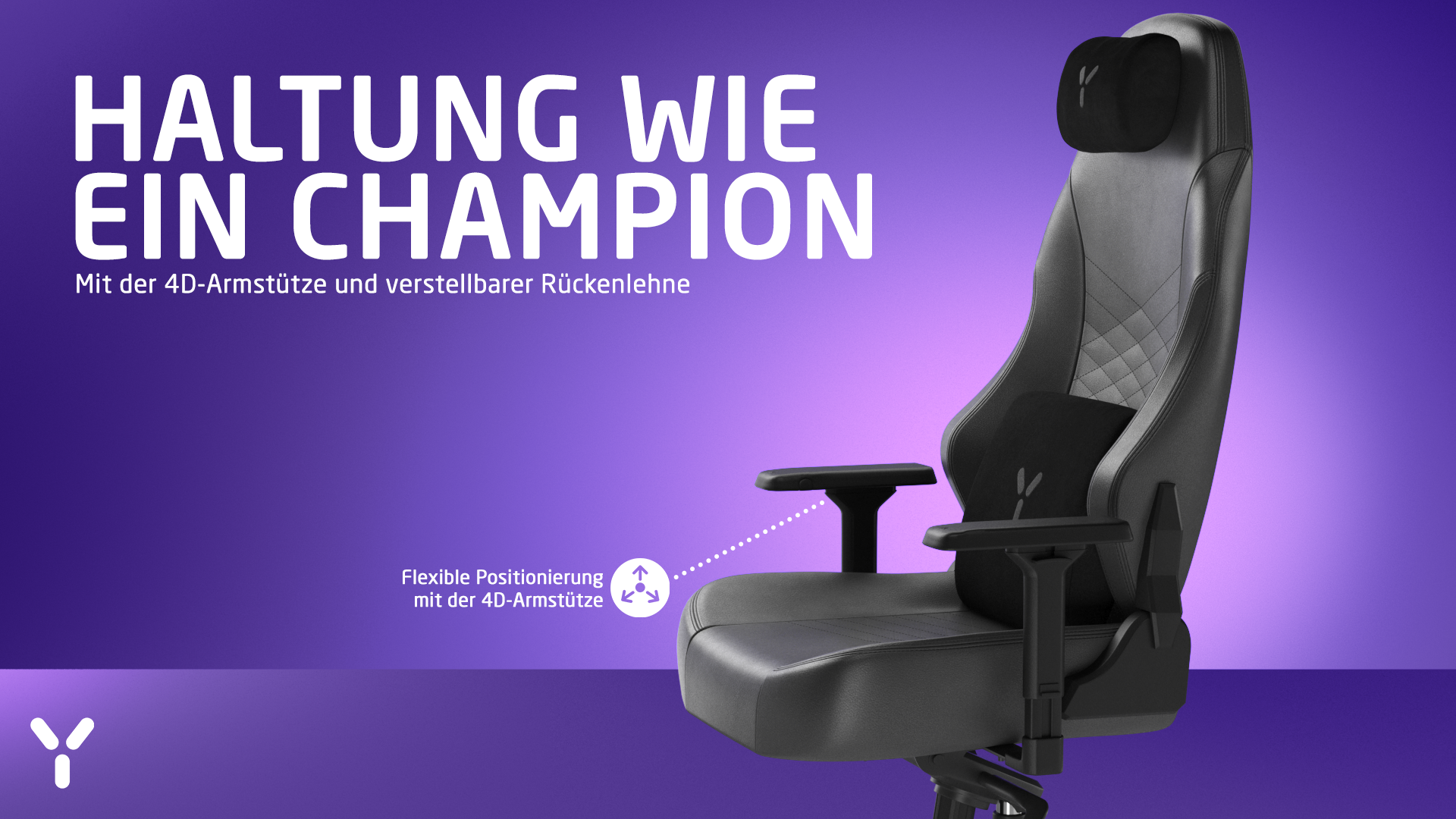 Schwarzer Gaming-Stuhl mit Kopfstütze, Armlehnen und Lendenkissen auf lila Hintergrund.