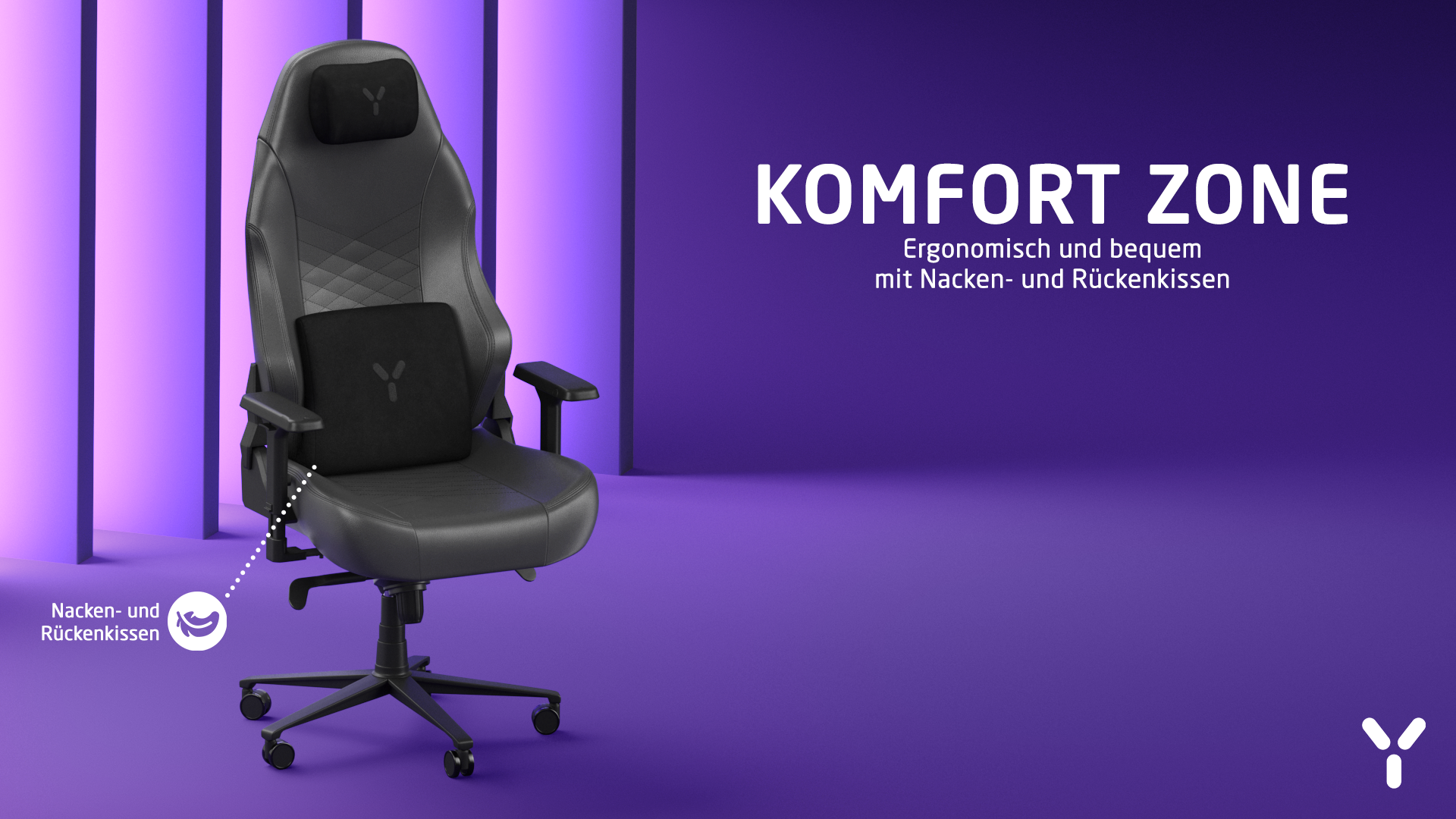 Schwarzer Gaming-Stuhl mit Nacken- und Rückenkissen auf lila Hintergrund.