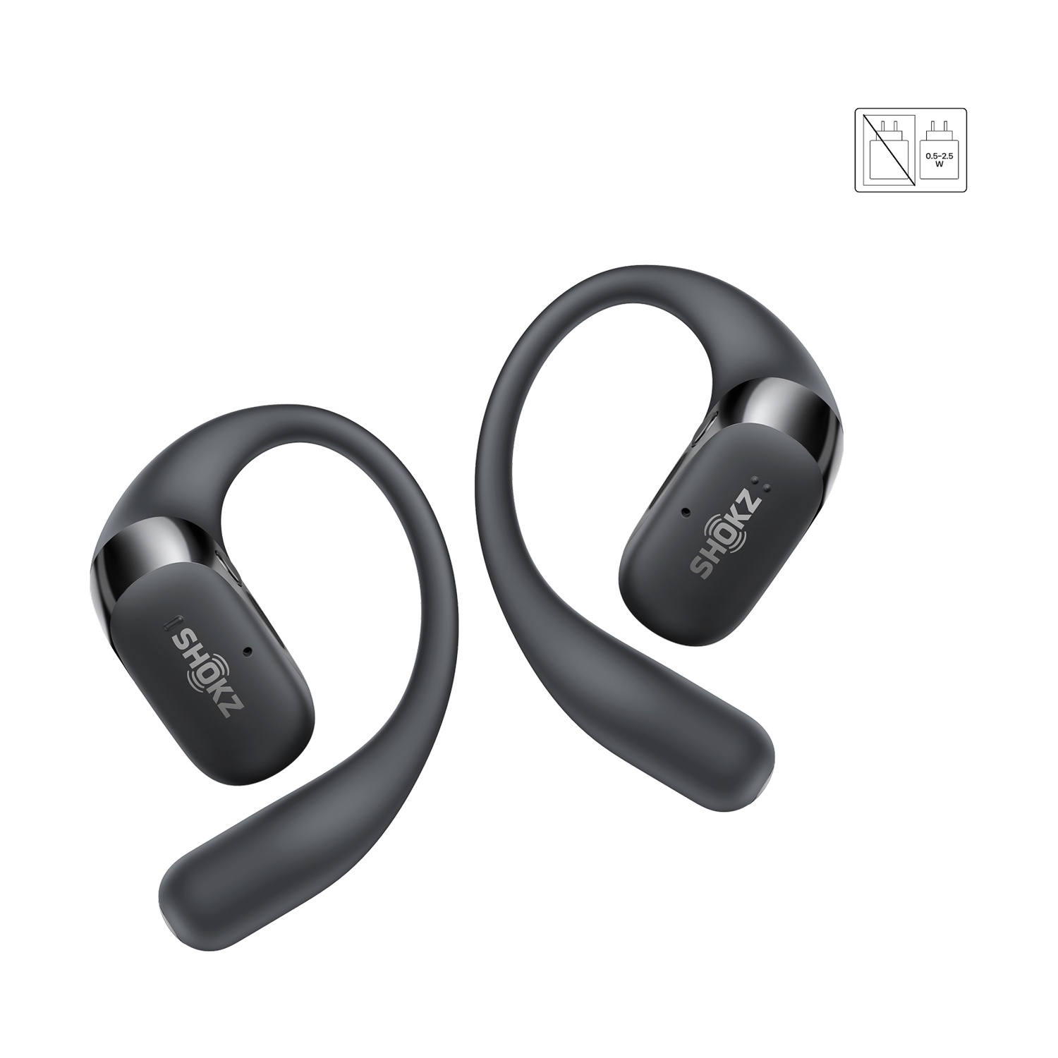 Un paio di auricolari Shokz neri con ganci per l'orecchio, sfondo bianco.