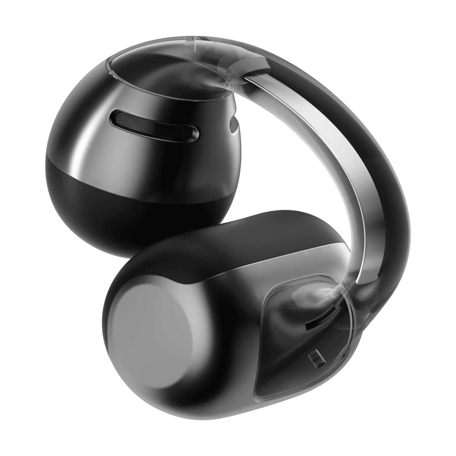 Auricolari wireless neri e trasparenti con gancio per l'orecchio curvo.