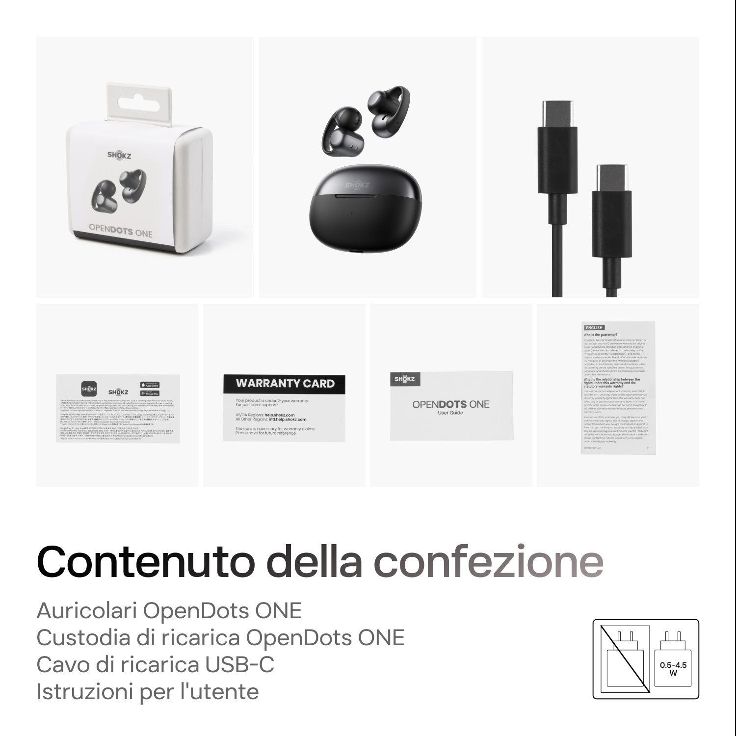 Auricolari Shokz OpenDots ONE, custodia di ricarica, cavo USB-C e manuale.