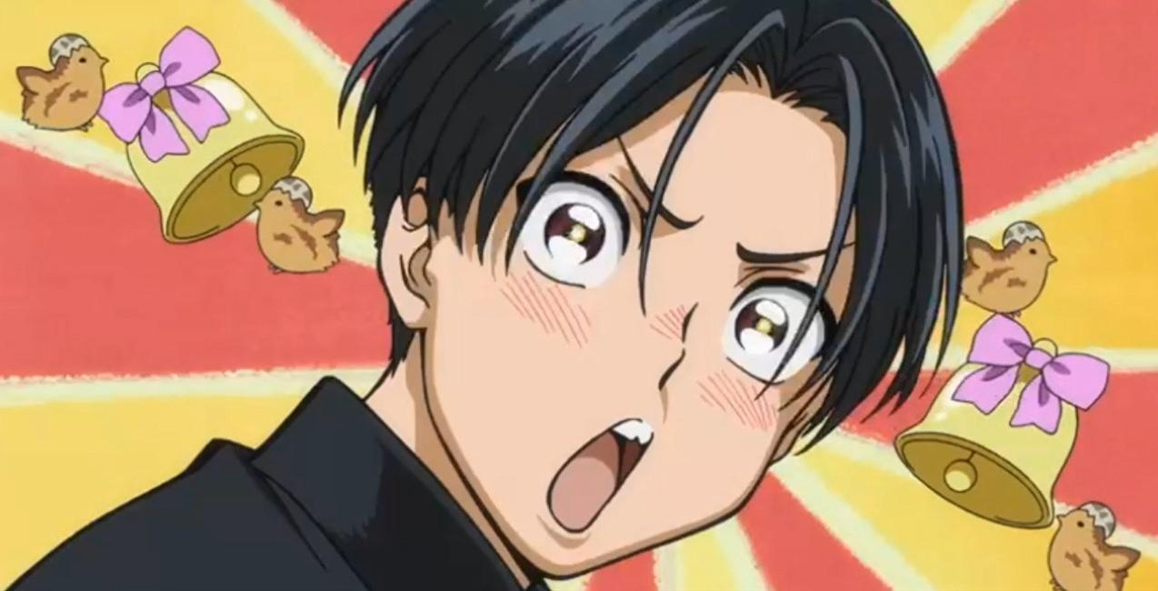 Anime-Junge mit überraschtem Gesicht, umgeben von Küken und Glocken.