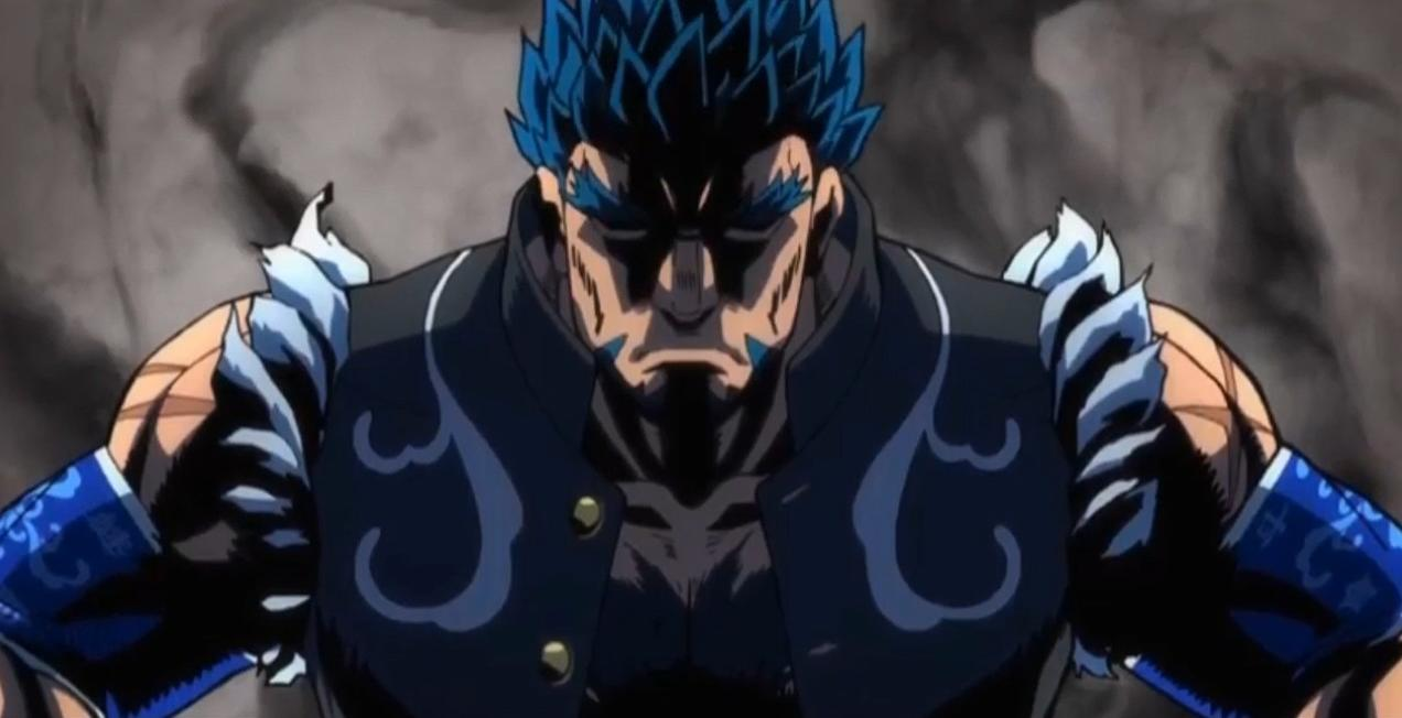 Ein Mann mit blauen Haaren und Grimasse, dunkle Kleidung, dramatische Wolken.