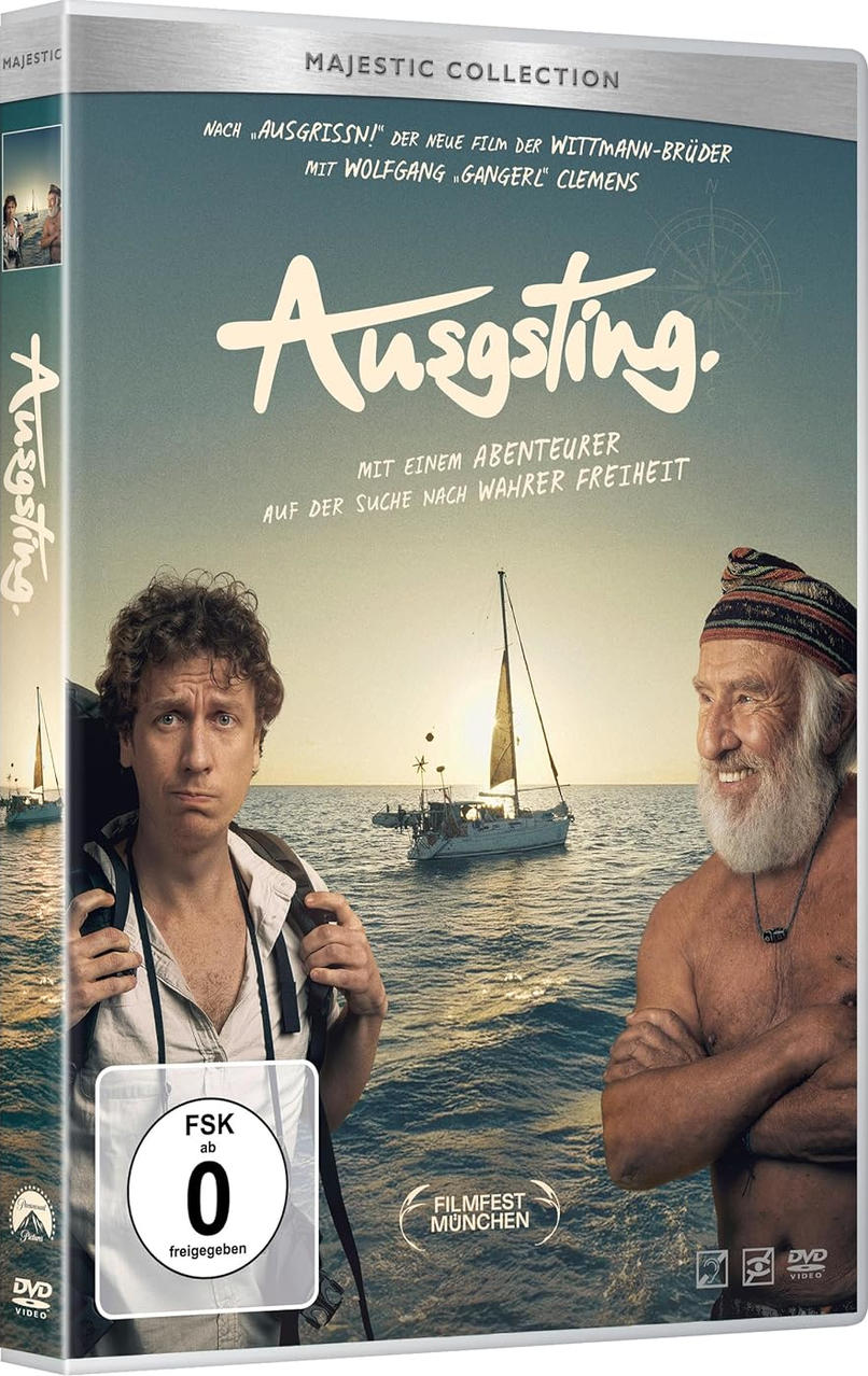 Zwei Männer auf dem Meer vor Segelbooten, DVD-Cover von "Ausgsting."