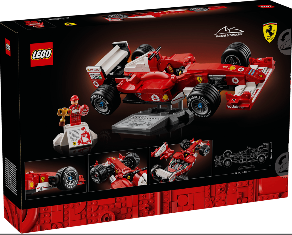 LEGO Ferrari Rennwagen-Set mit Michael Schumacher Minifigur auf Sockel.