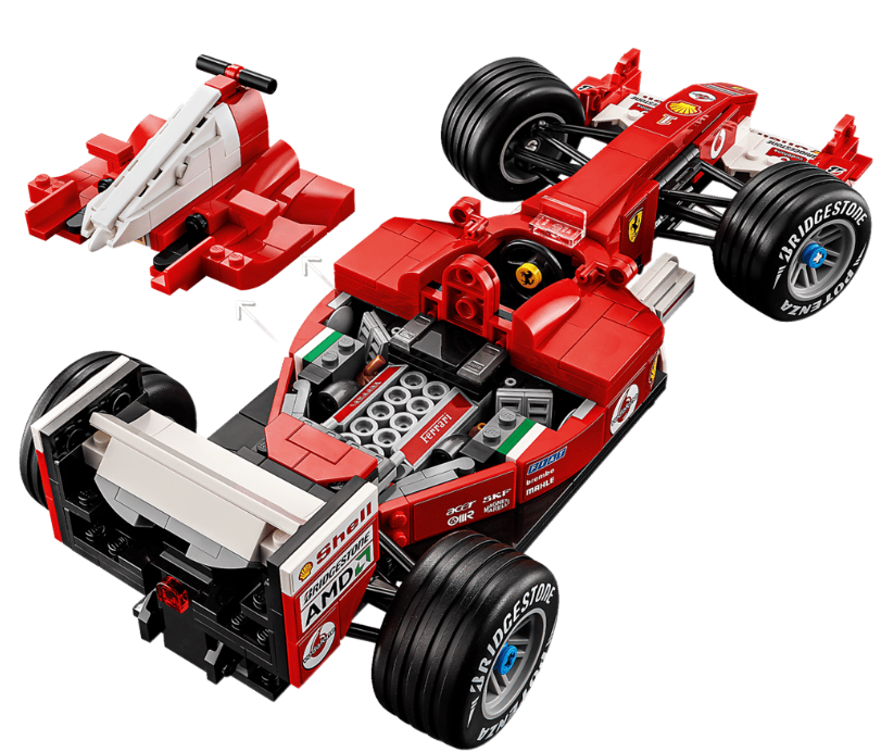 Ein roter Lego-Formel-1-Rennwagen mit abnehmbarer Nase und sichtbarem Motor.