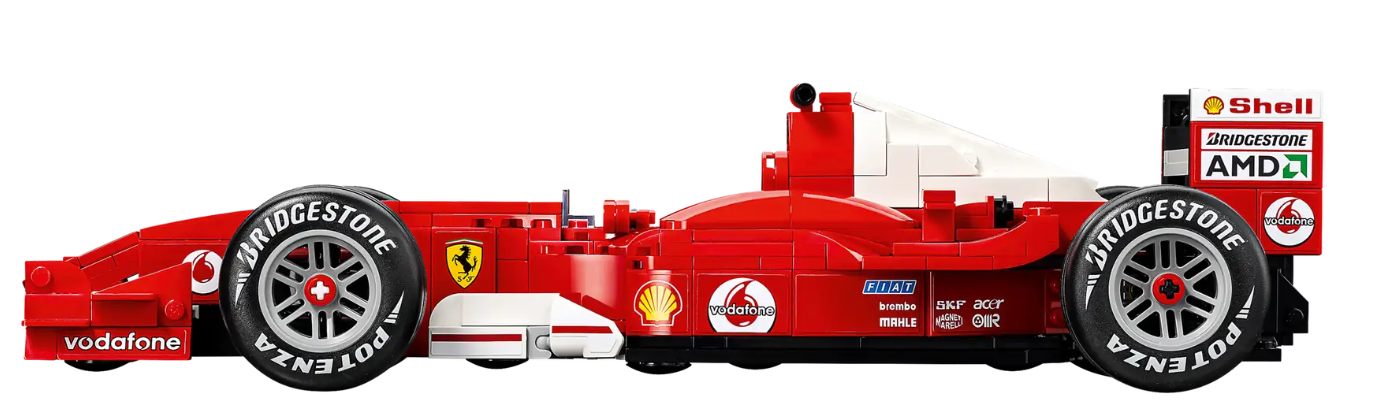 Ein roter Lego-Formel-1-Wagen mit Bridgestone-Reifen und vielen Sponsoren.
