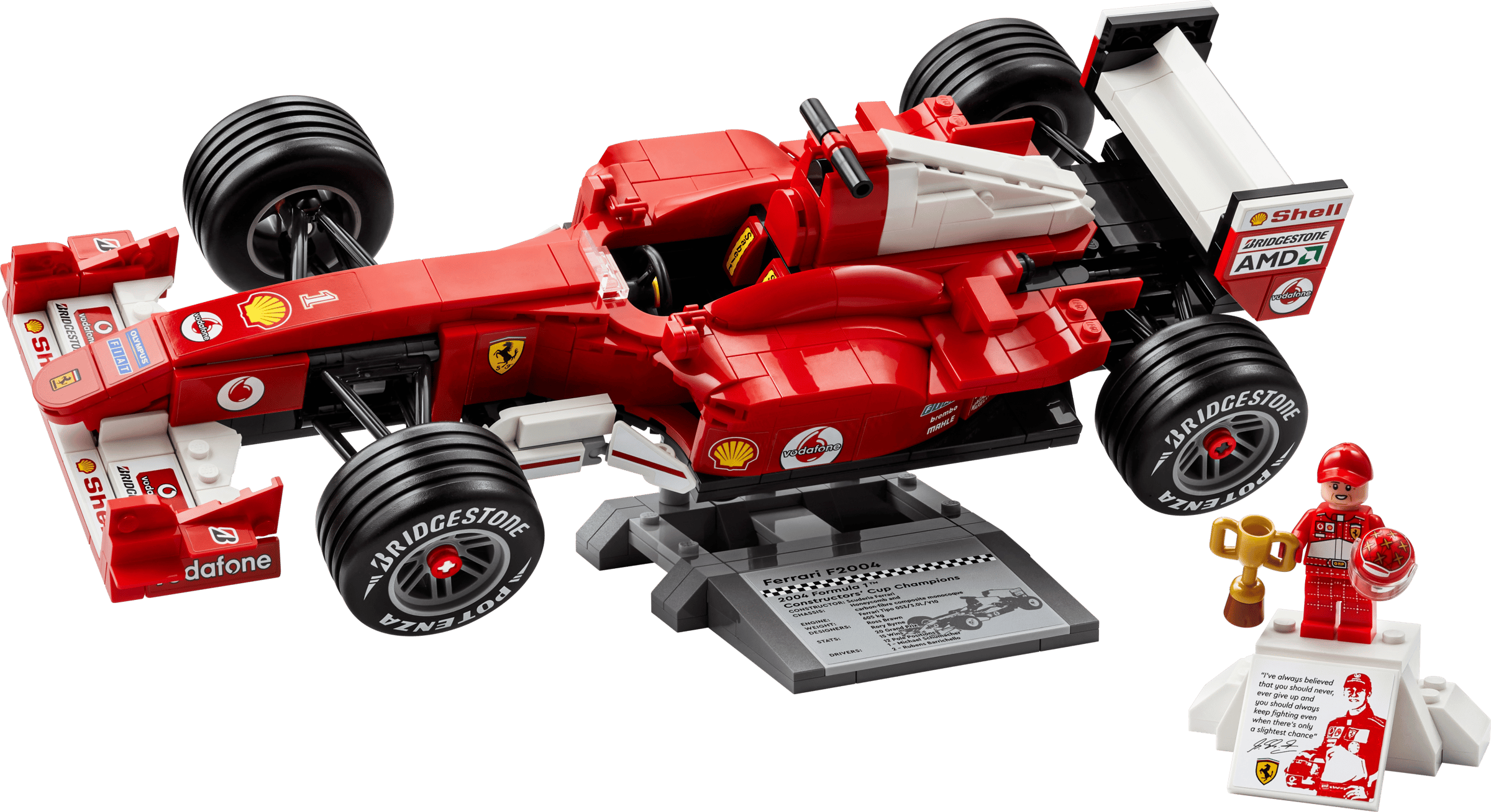 Ein rotes Lego-Formel-1-Auto mit Sponsorenaufklebern auf einem Ständer und einer Figur.
