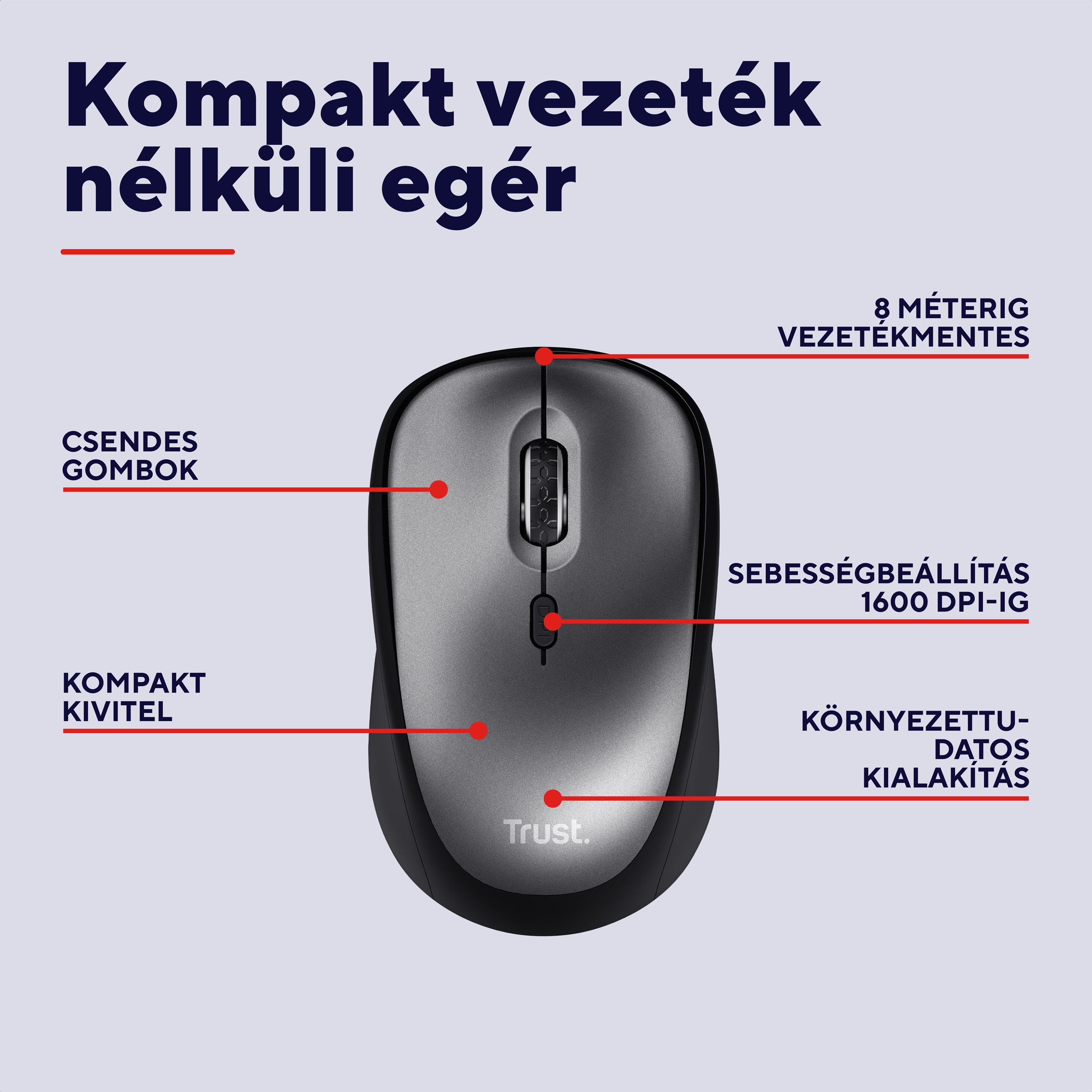 Szürke vezeték nélküli egér görgetőkerékkel és DPI állítással.