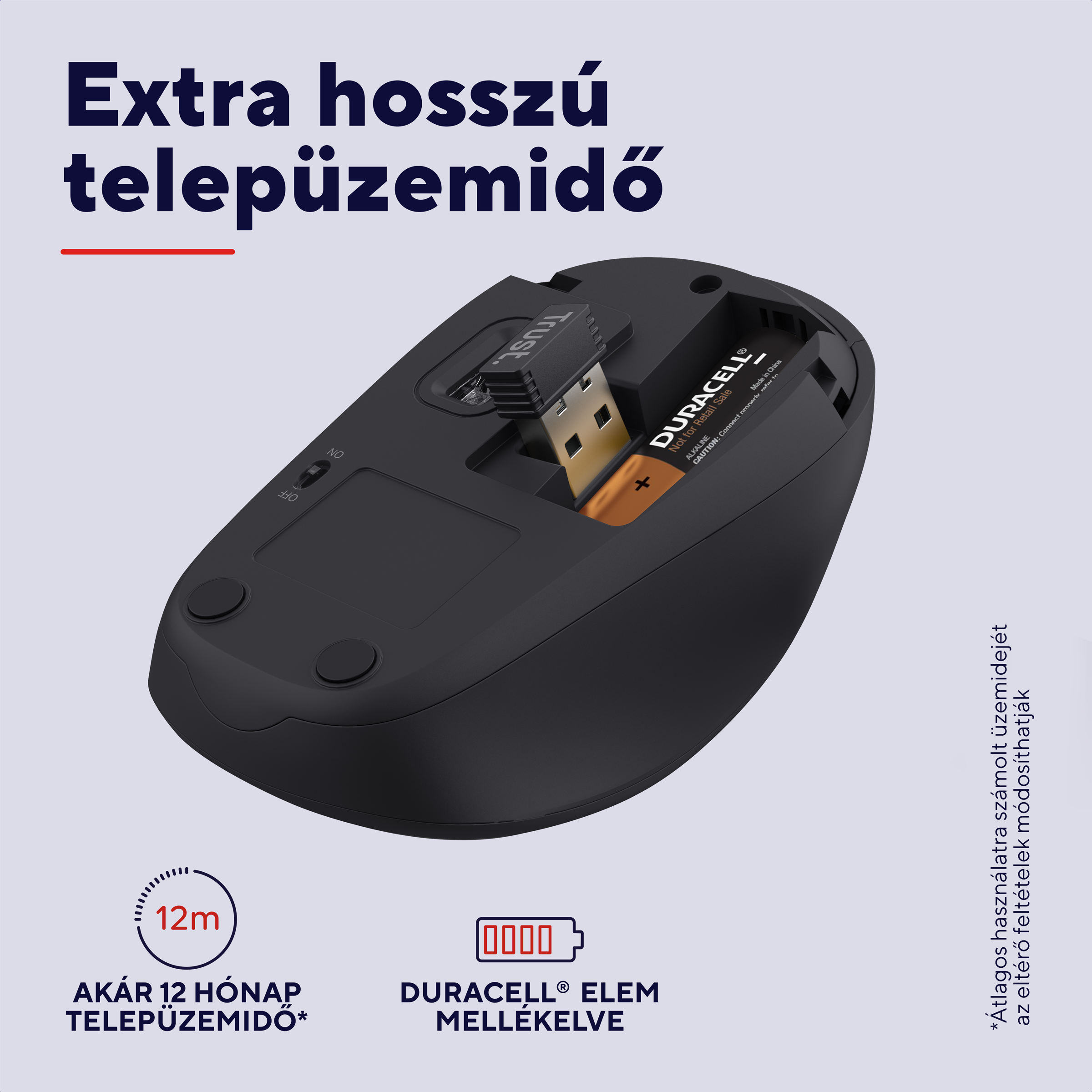 Fekete egér Duracell elemmel és USB-s vevőegységgel. Hosszú üzemidő.
