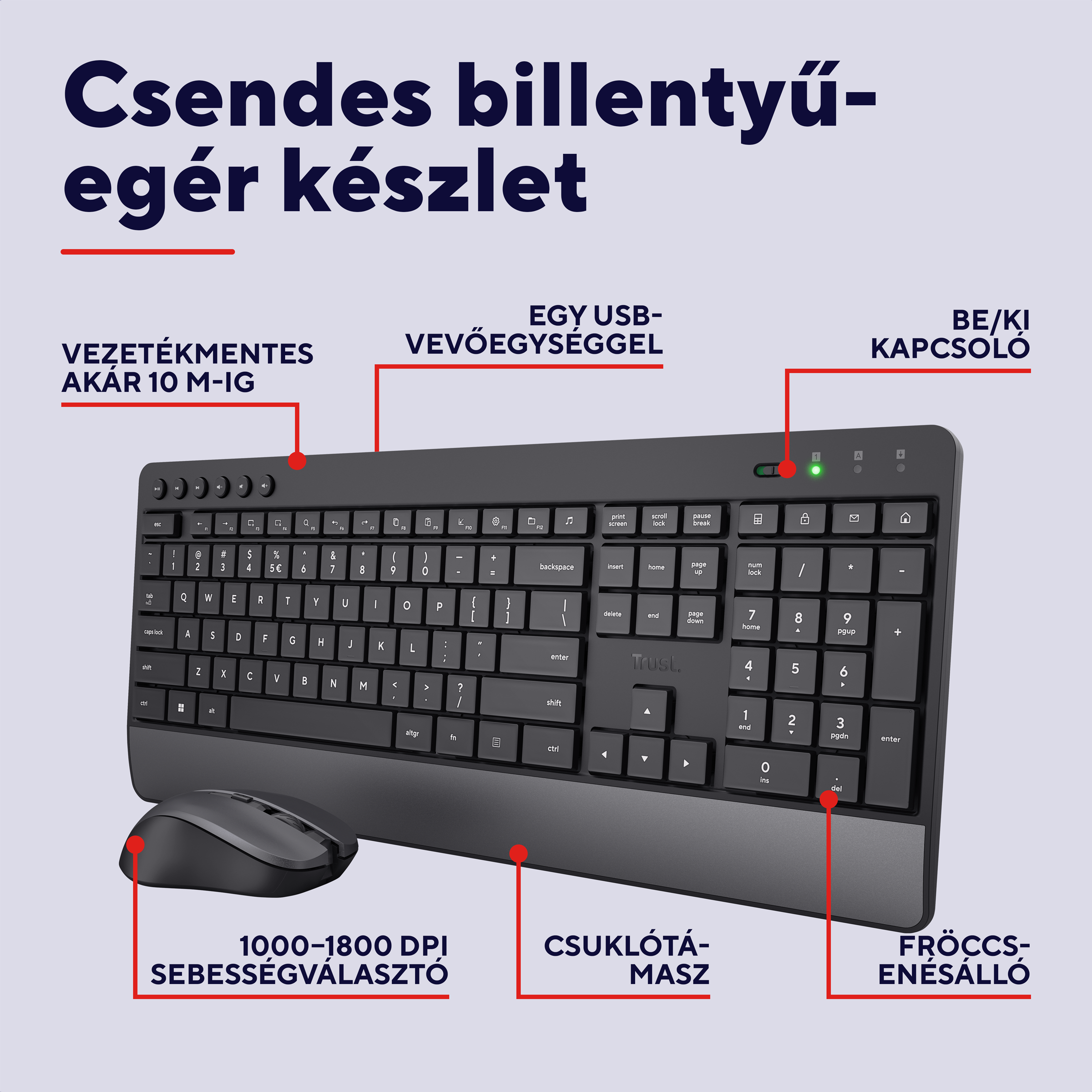 Vezeték nélküli billentyűzet- és egérkészlet USB-vevővel, fröccsenésálló.