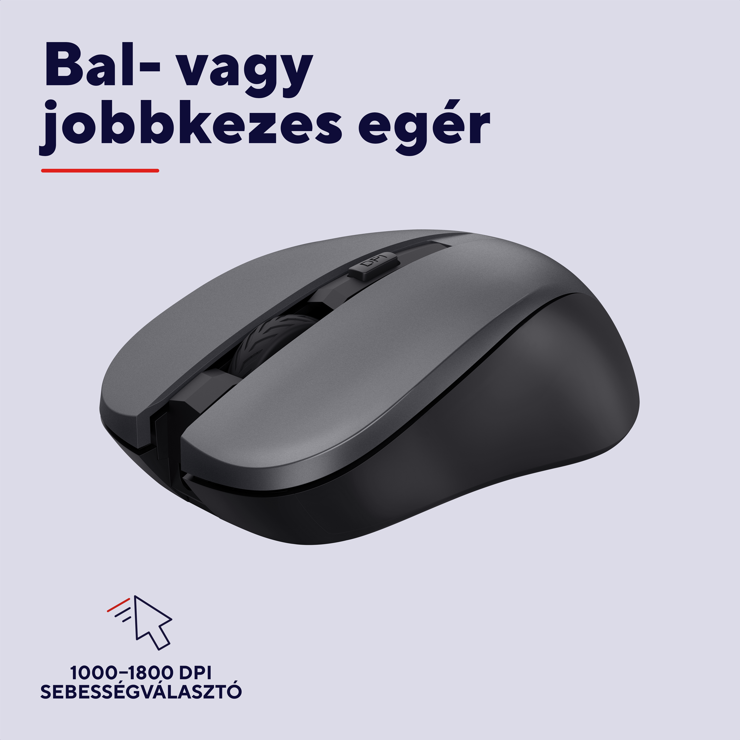 Szürke számítógépes egér DPI gombbal és görgetőkerékkel.