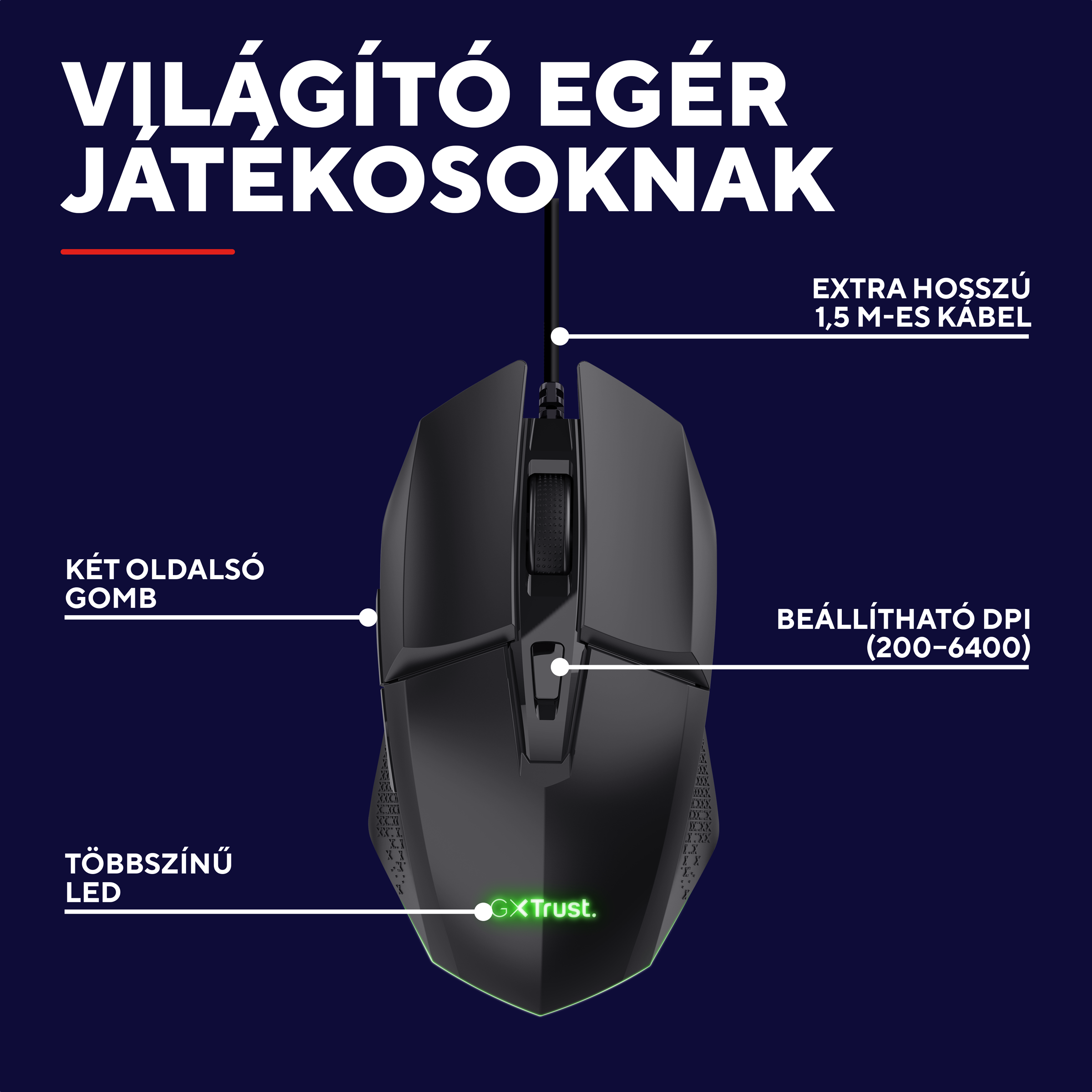 Fekete gamer egér világító logóval és kábellel.