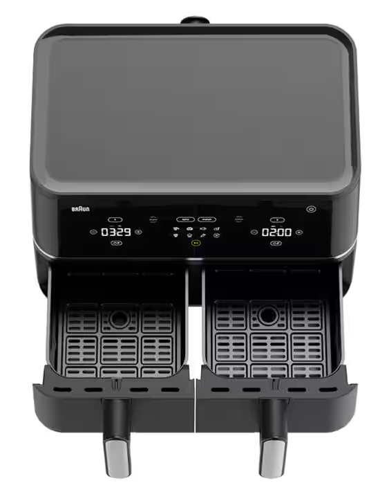 Czarna frytkownica beztłuszczowa z dwoma koszami, cyfrowym wyświetlaczem.