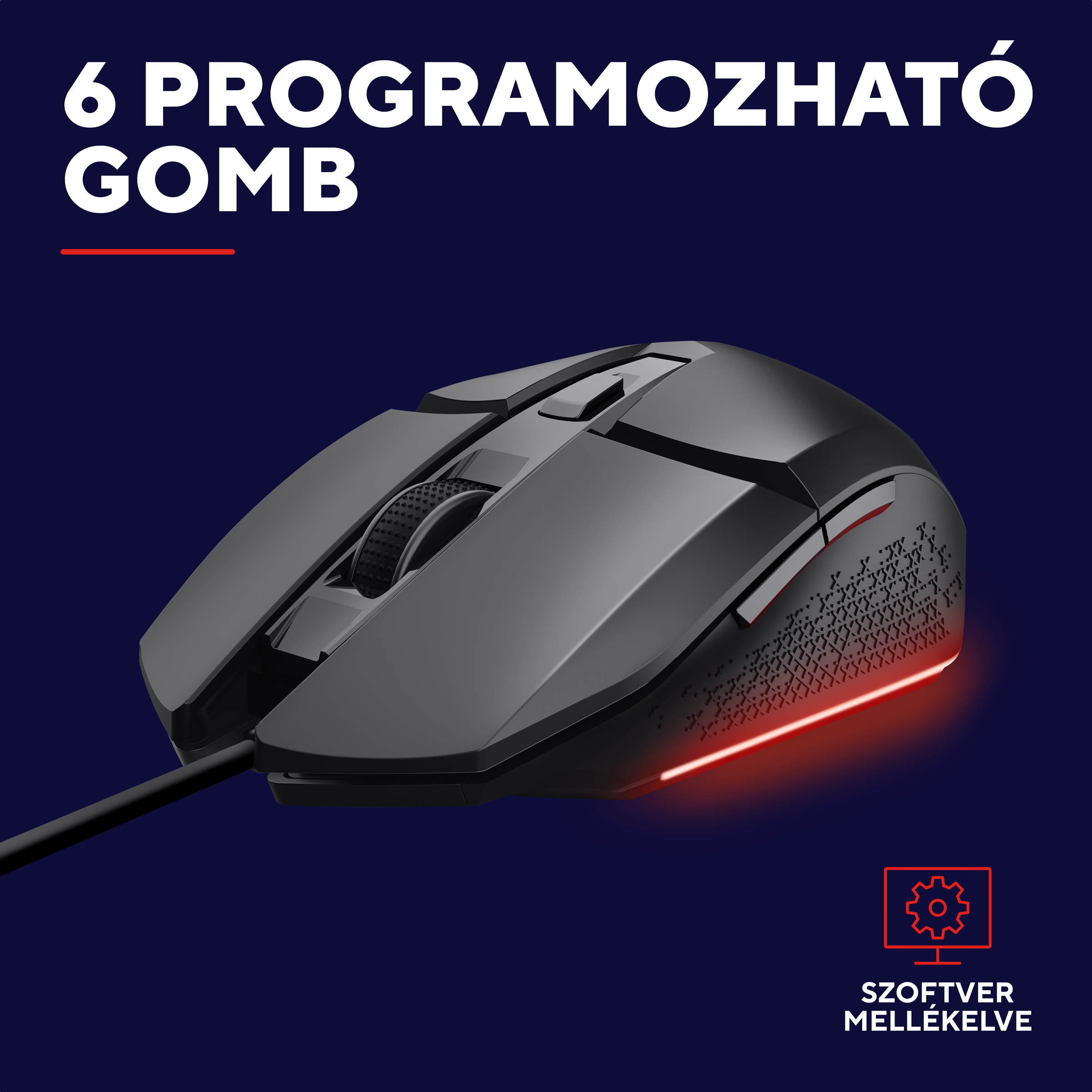 Fekete gamer egér piros világítással és szöveggel, kék háttéren.