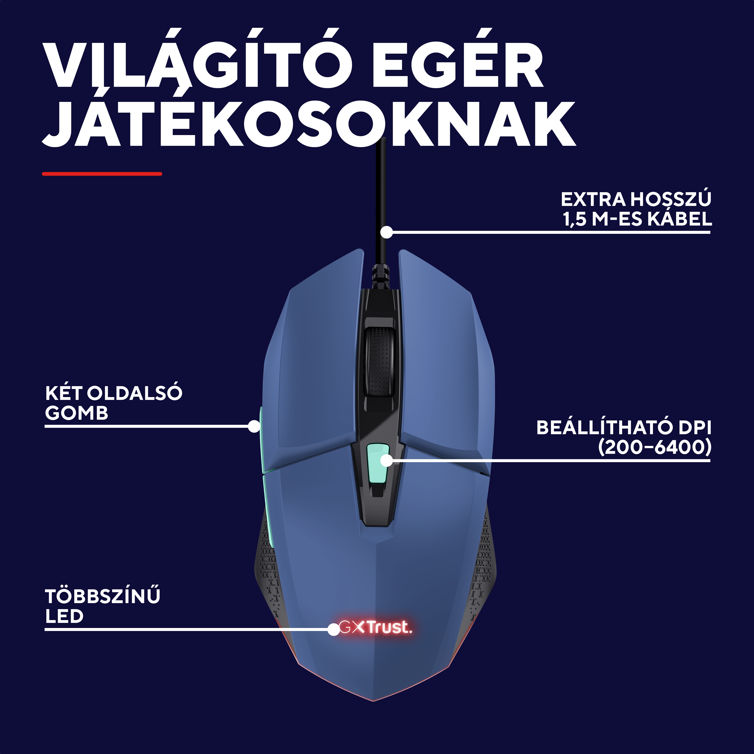 Kék gamer egér RGB világítással, oldalsó gombokkal és 1,5m-es kábellel.