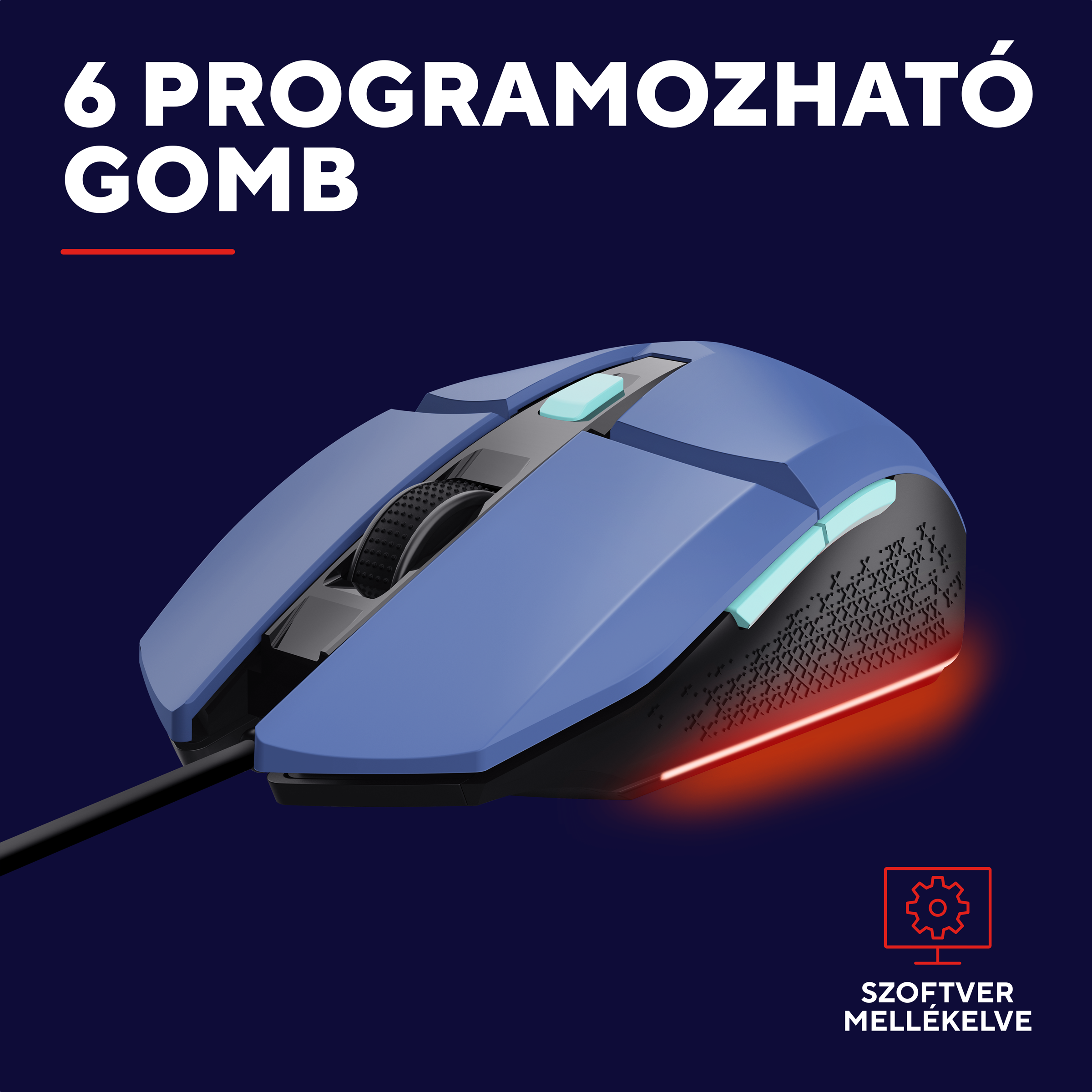 Kék gamer egér piros világítással és görgetőkerékkel.