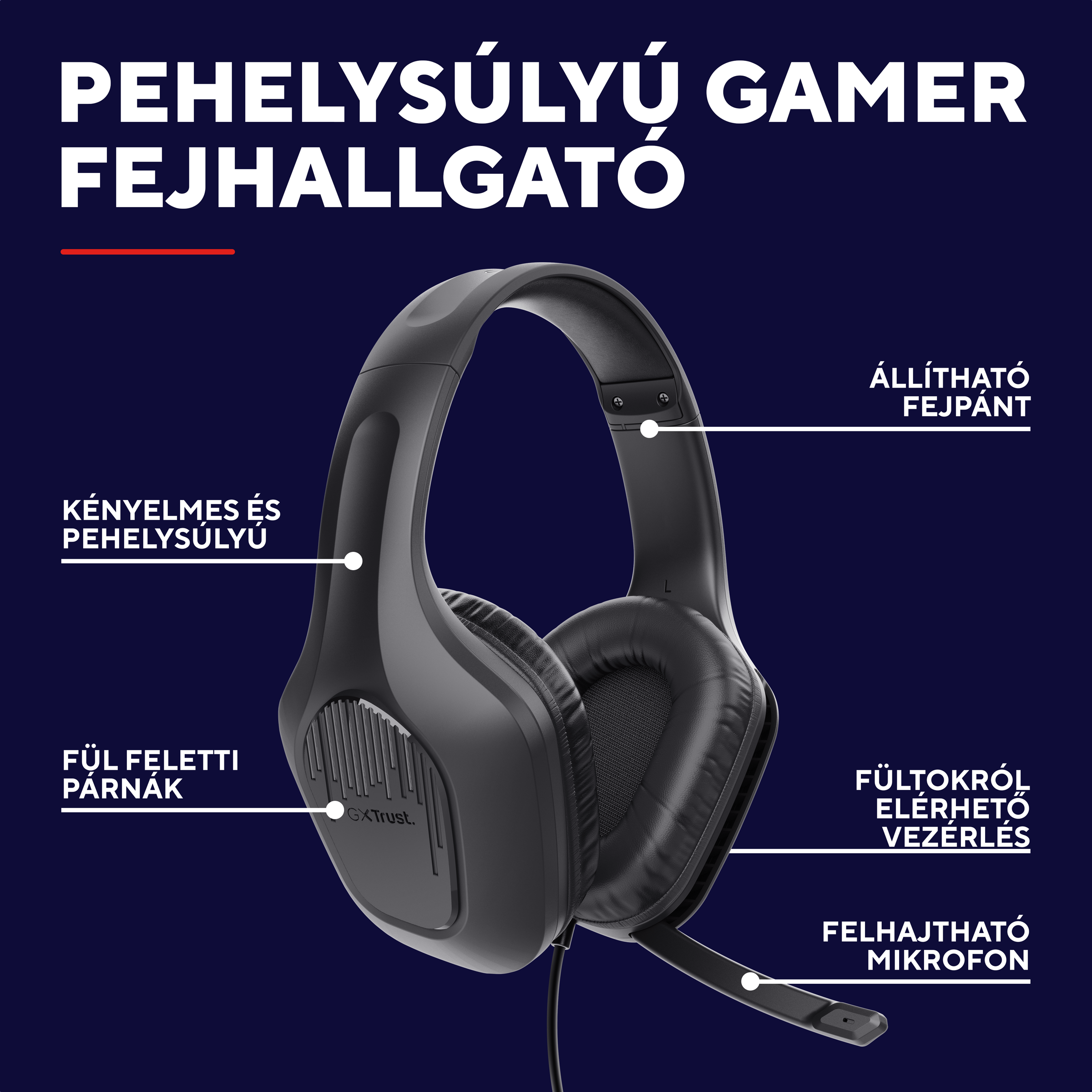 Könnyű gamer fejhallgató mikrofonnal, állítható fejpánttal és fülpárnákkal.