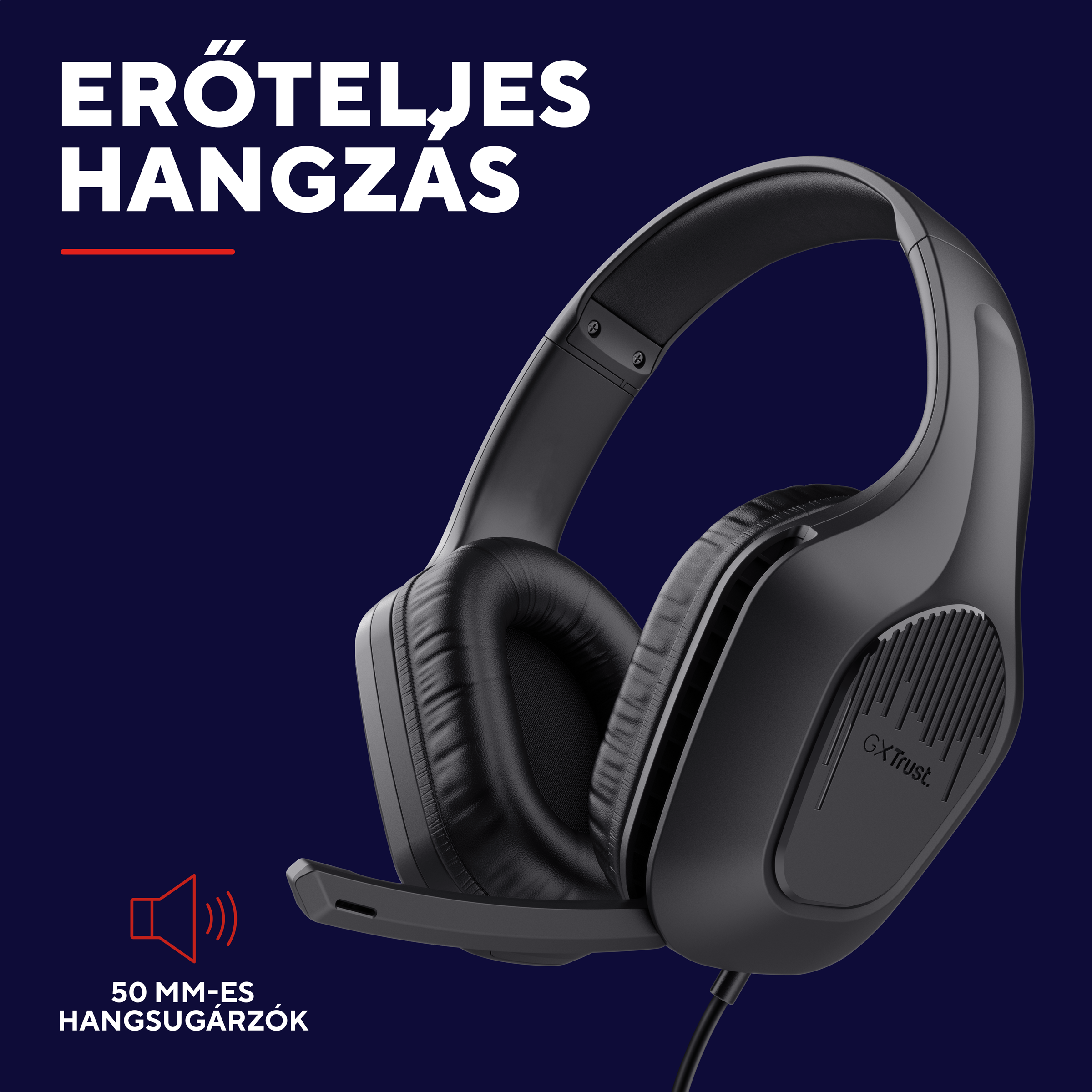 Fekete gamer fejhallgató mikrofonnal sötétkék háttéren.
