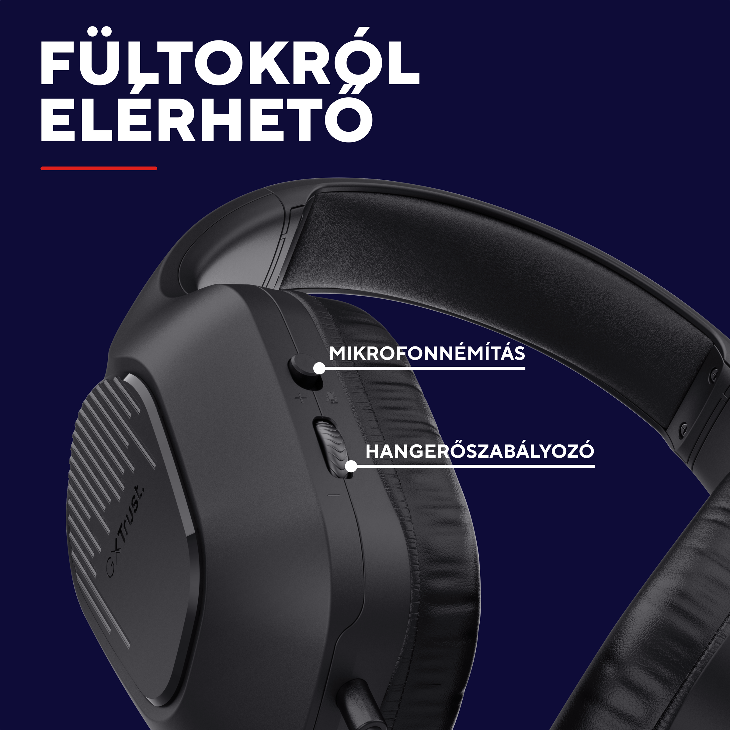 Fekete fejhallgató hangerőszabályzóval és mikrofon némító gombbal.