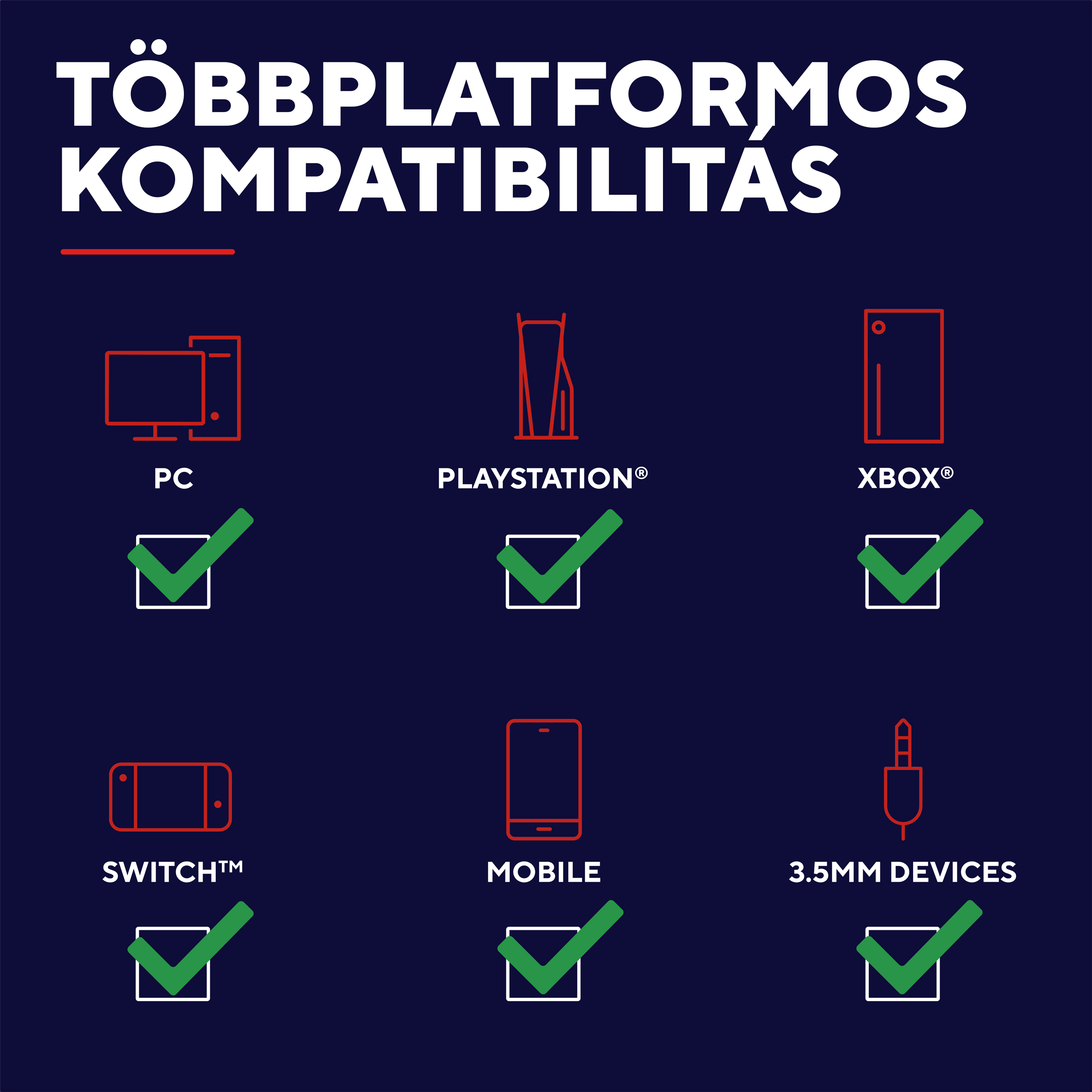 Kompatibilitás PC-vel, PlayStation-nel, Xbox-szal, Switch-csel, mobillal és 3,5 mm-es eszközökkel.